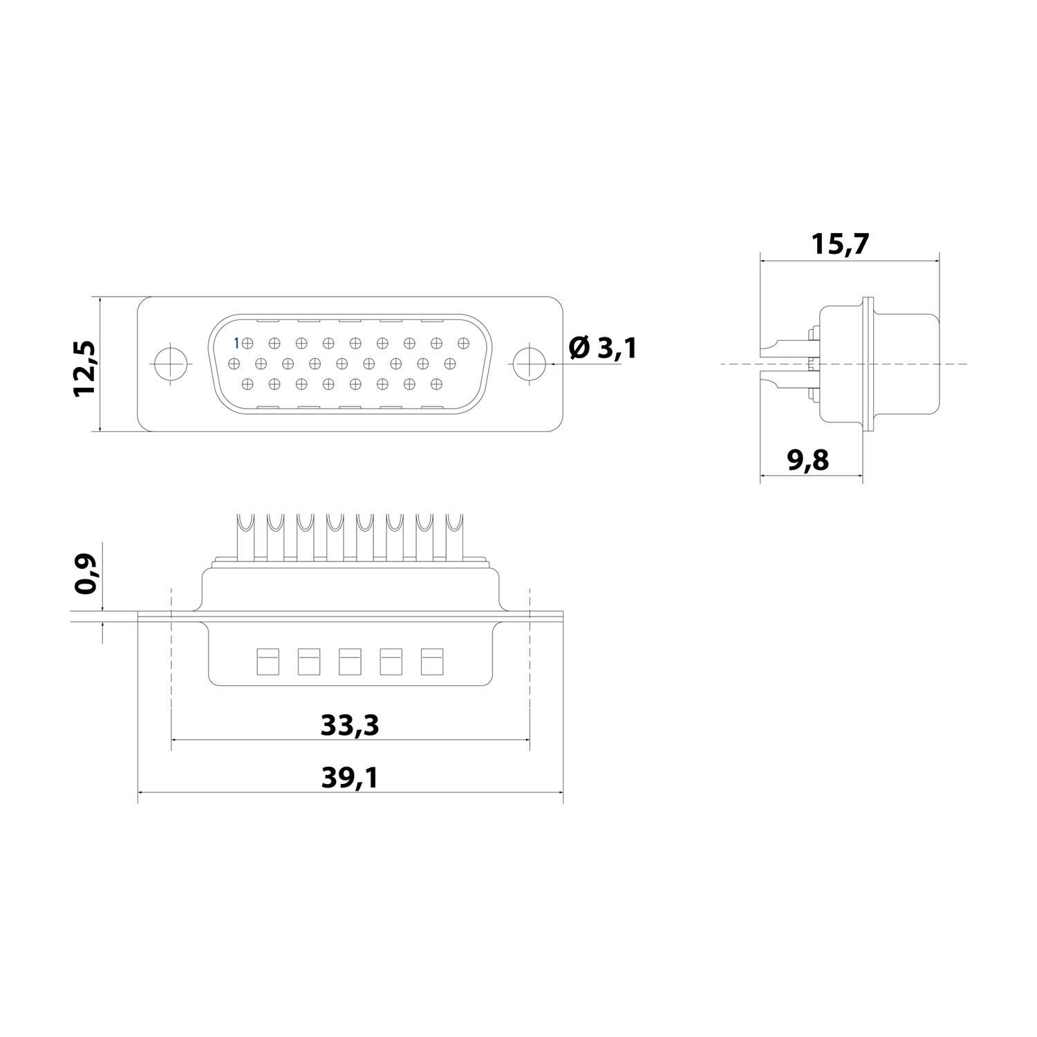 Technische Zeichnung zeigt Abmessungen eines rechteckigen Anschlusses mit 16 Pins, misst 39,1 mm in der Länge und 12,5 mm in der Breite.
