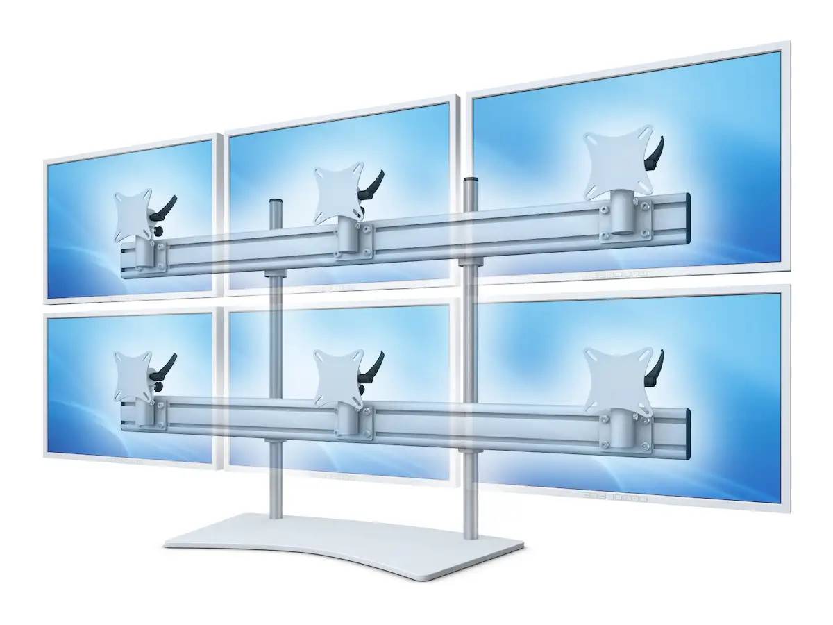 Flat-System Monitorhalter für 6 Monitore mit Tisch-Stand-Fuß 3+3 - 25''-32''