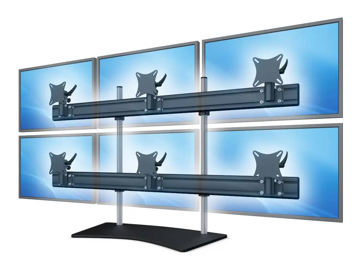 Flat-System Monitorhalter für 6 Monitore mit Tisch-Stand-Fuß 3+3 - 25''-32''