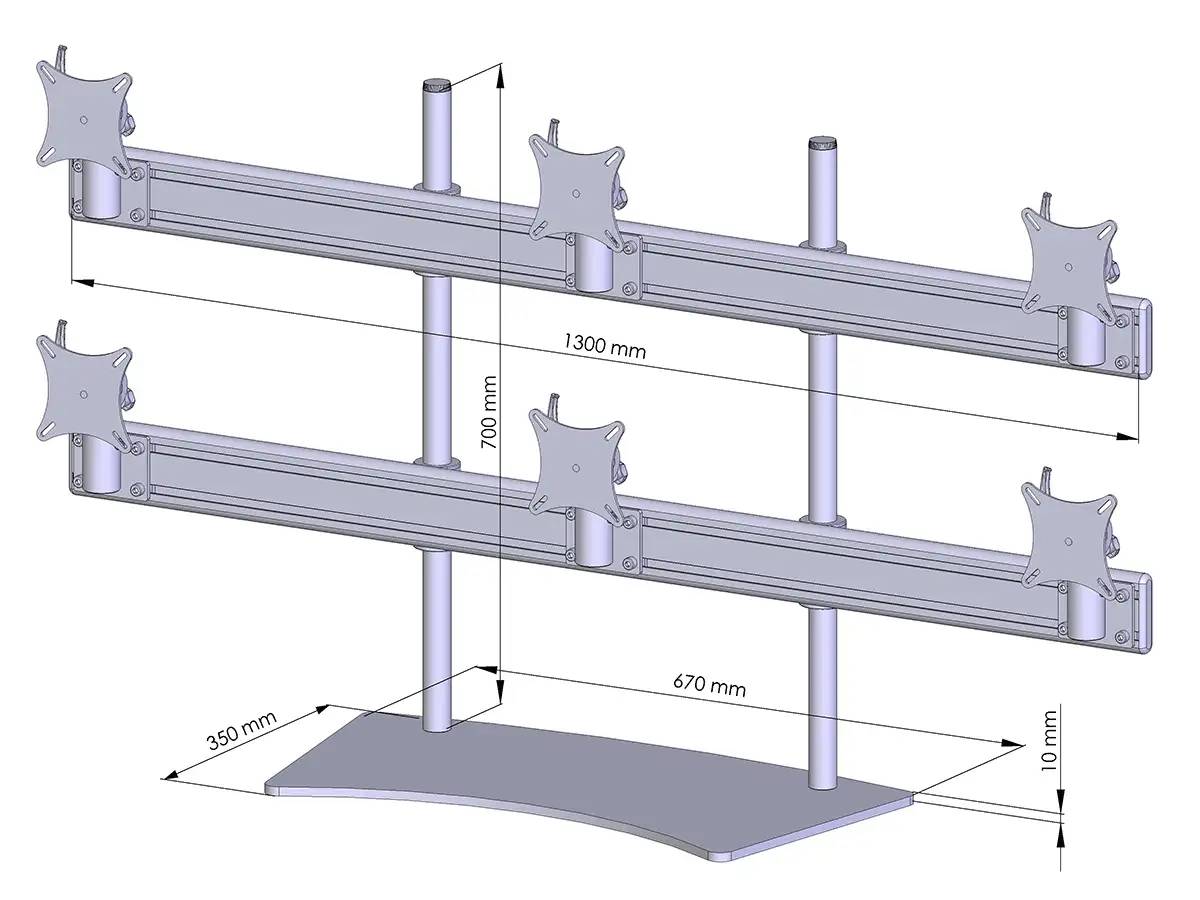Flat-System Monitorhalter für 6 Monitore mit Tisch-Stand-Fuß 3+3 - 20''-24''