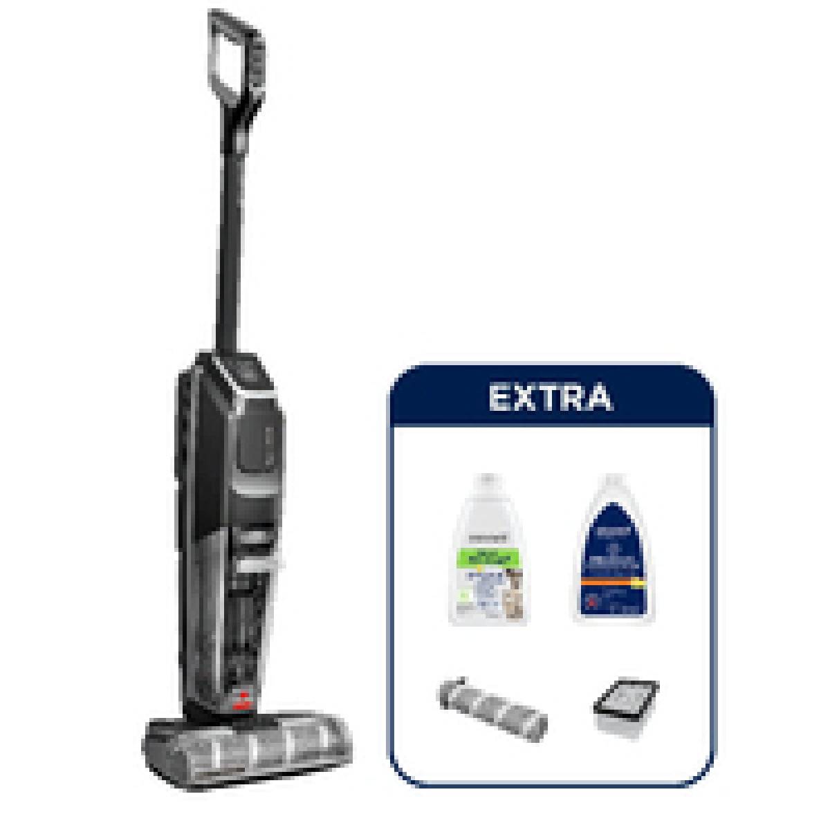 Ein Staubsauger steht auf der linken Seite aufrecht. Rechts befindet sich ein Abschnitt mit der Bezeichnung ‚EXTRA', der eine Reinigungslösung, einen Filter und eine Waschmittelflasche zeigt.