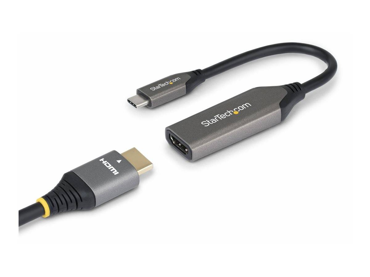 Ein USB-C zu HDMI Adapterkabel mit Markenbeschriftung. Der Adapter verfügt an einem Ende über einen USB-C-Anschluss und am anderen Ende über einen HDMI-Anschluss.