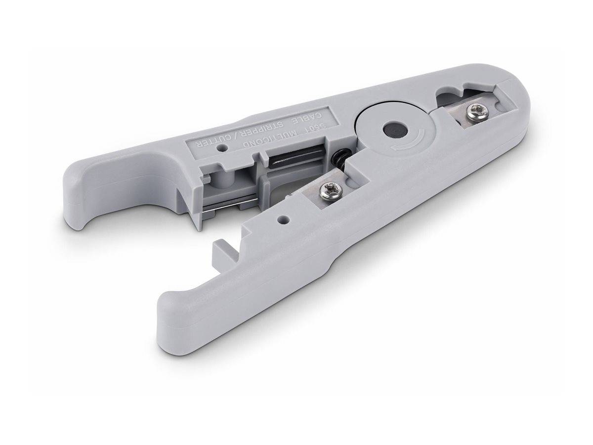 Ein grauer Koaxialkabel-Abmanteler mit einer Klinge und Einstellfunktion, der zum Vorbereiten von Kabeln für Anschlüsse entwickelt wurde.