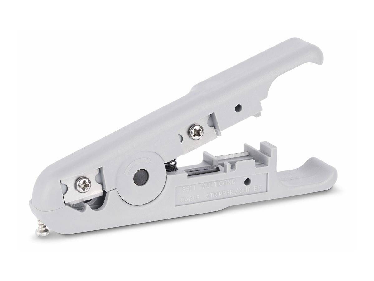 Ein grauer Kabelabisolierer mit verstellbarem Klingenmechanismus zum Schneiden und Abisolieren verschiedener Kabeltypen, vor einem weißen Hintergrund abgebildet.