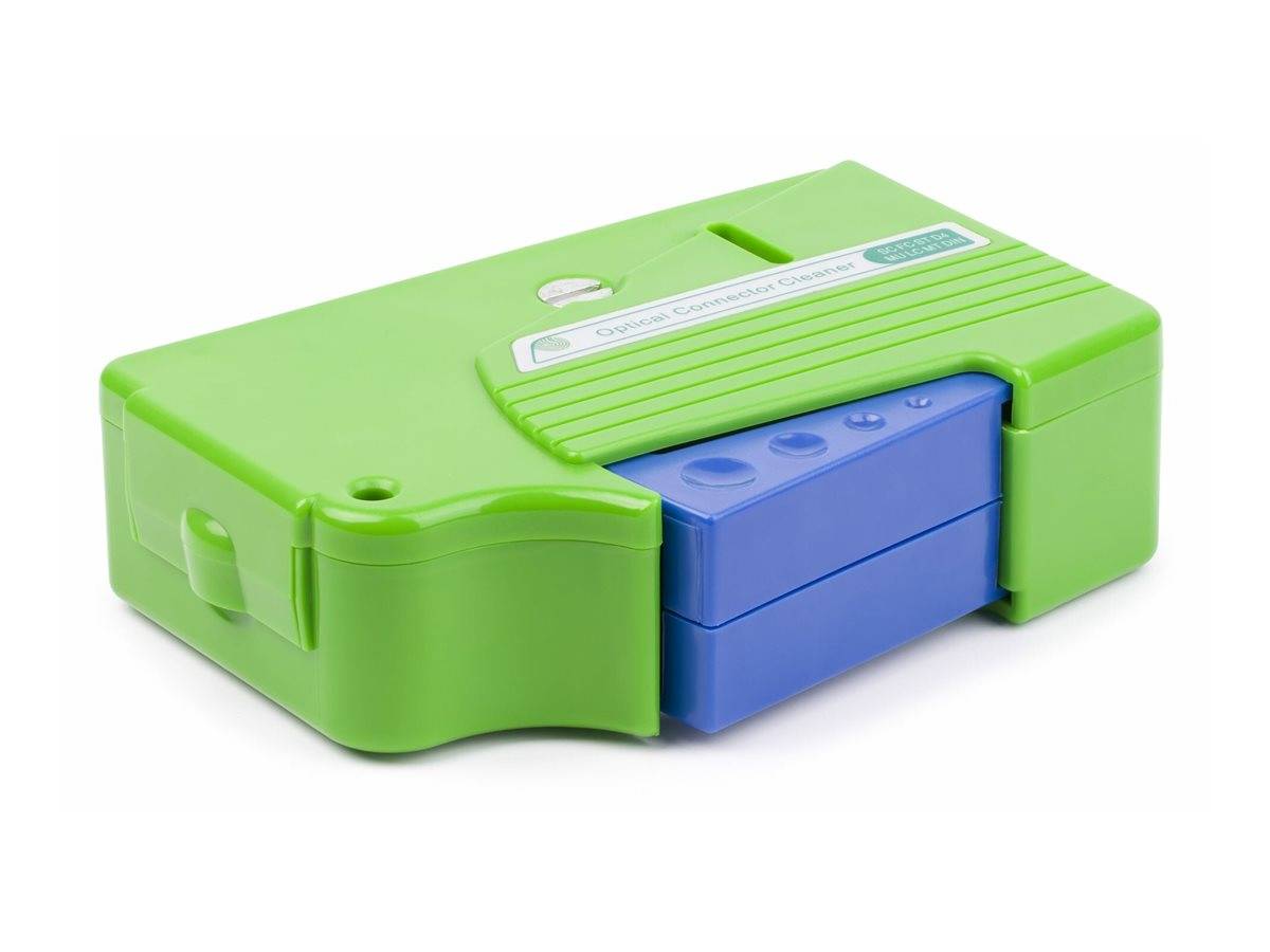 Ein grüner und blauer tragbarer optischer Steckverbinder-Reiniger, der zum Reinigen von Glasfaserverbindungen verwendet wird.