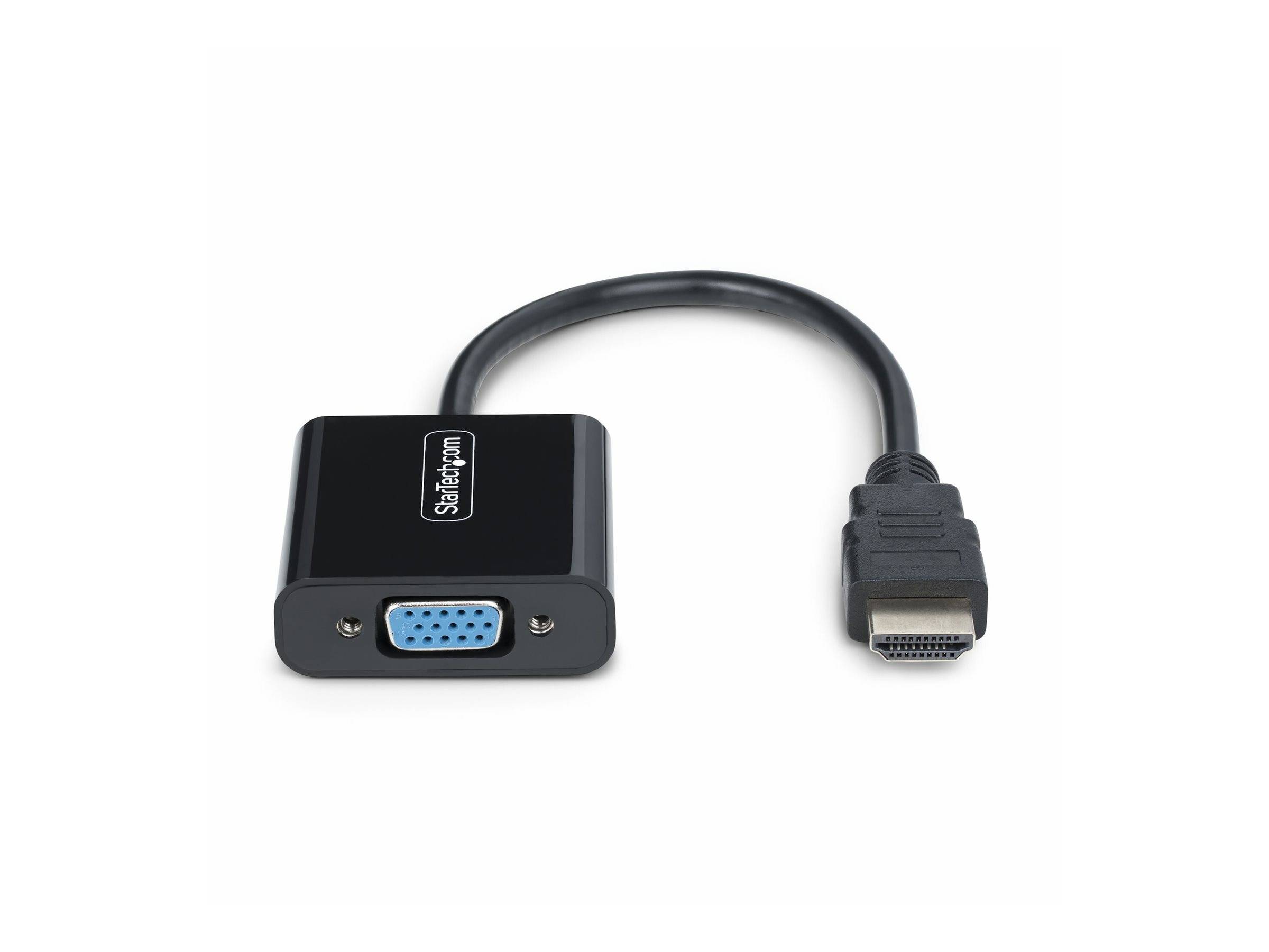 Schwarzer HDMI-auf-VGA-Adapter mit angeschlossenem Kabel, zeigt einen VGA-Buchse und einen HDMI-Stecker auf weißem Hintergrund.