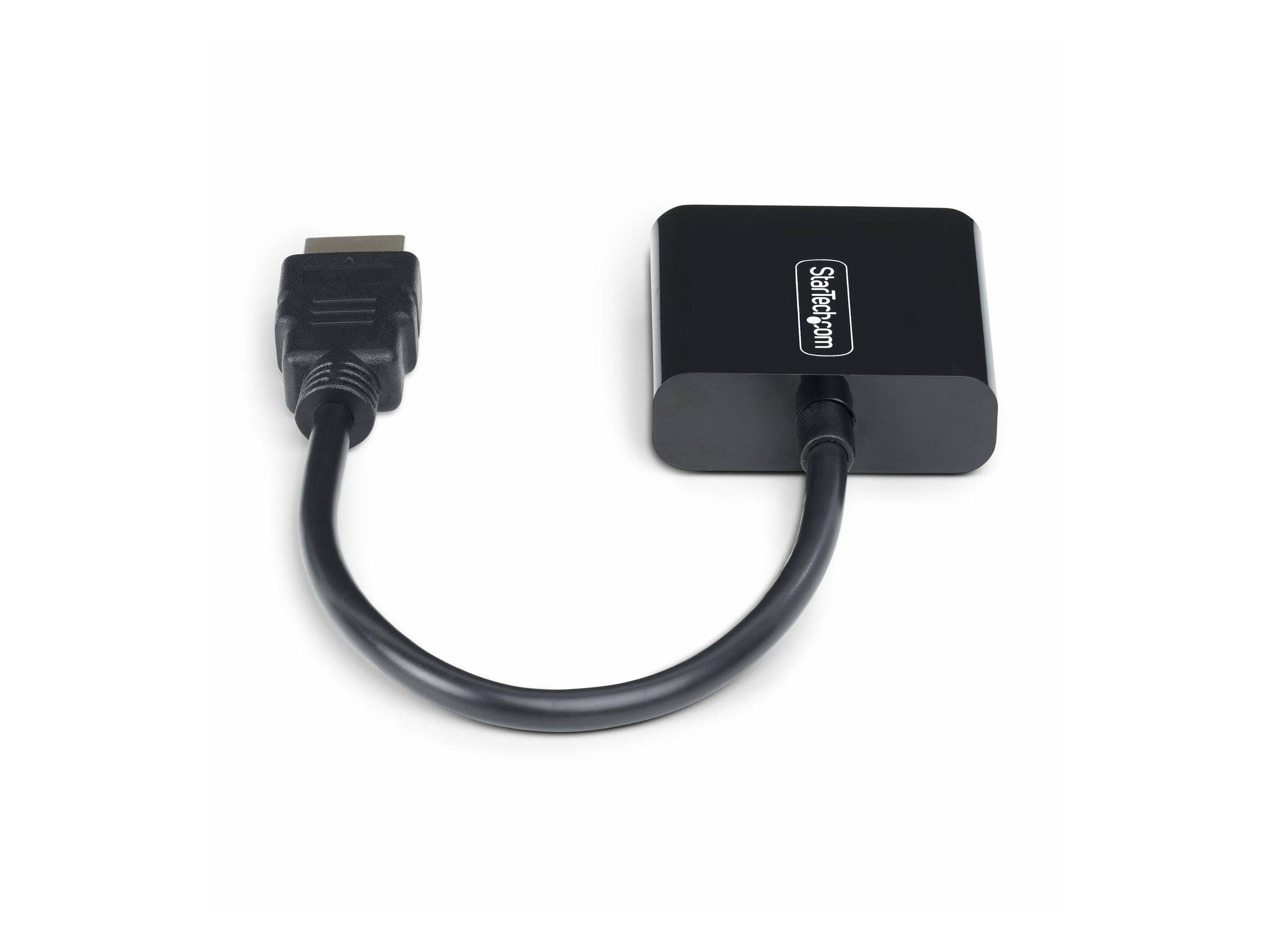 Schwarzer StarTech-Adapter mit kurzem Kabel und HDMI-Anschluss auf weißem Hintergrund.