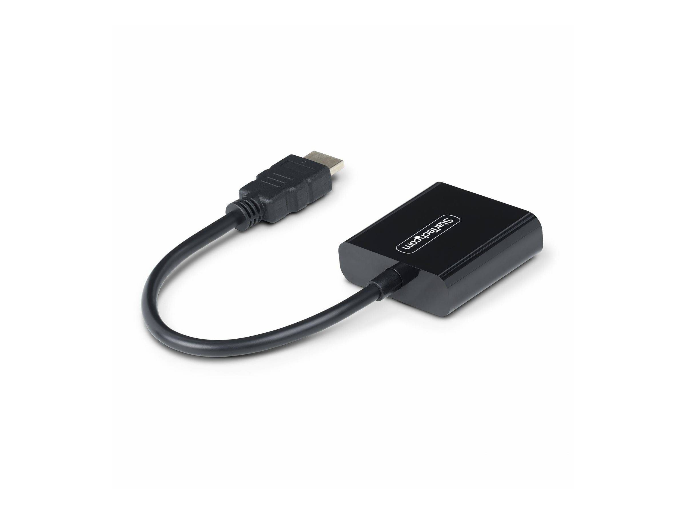 Schwarzes HDMI-Adapterkabel mit kleinem rechteckigem Konverterkasten und kurzer Anschlussleitung, gezeigt auf weißem Hintergrund.