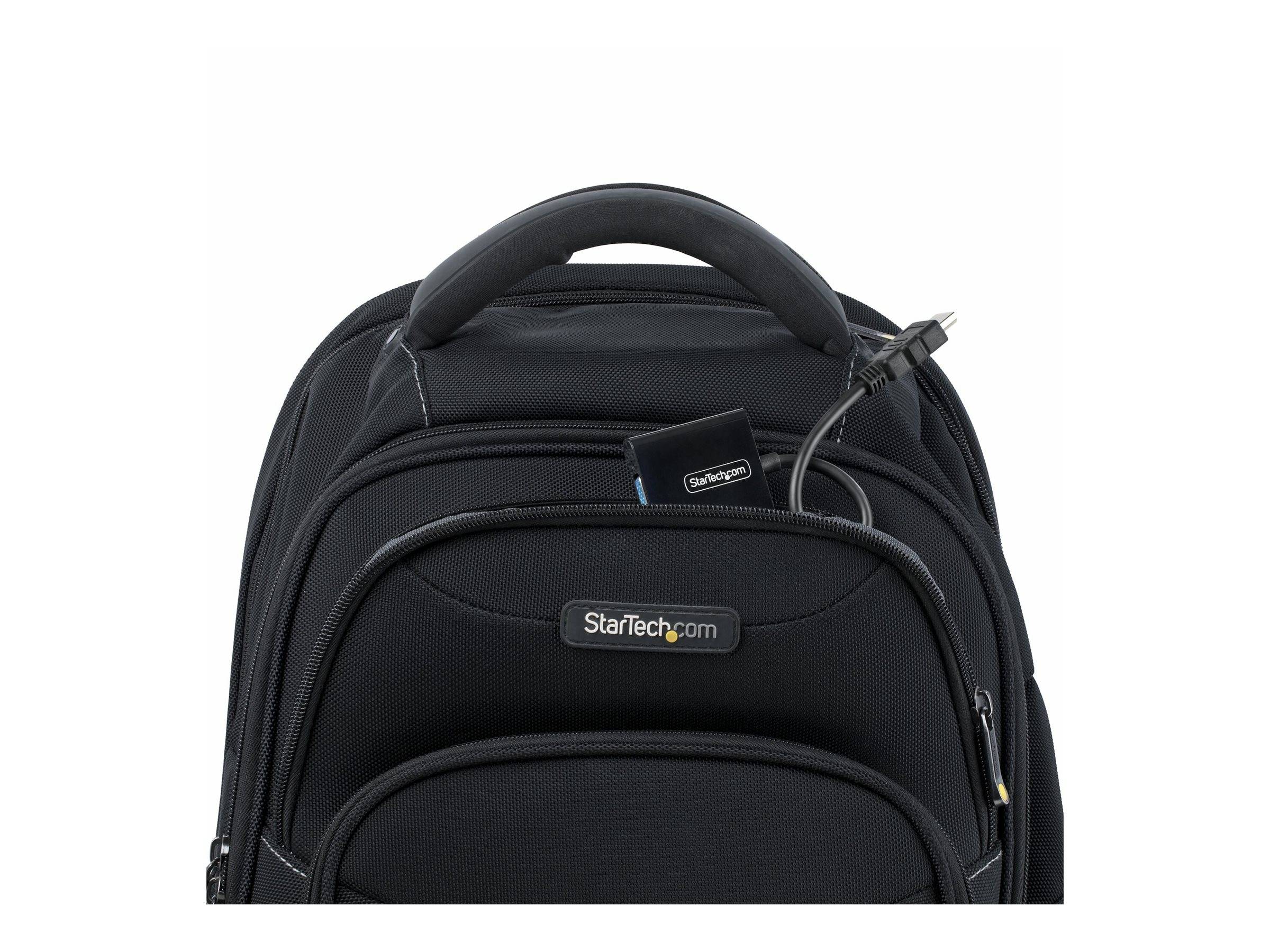 Schwarzer StarTech.com Laptop-Rucksack mit Griff oben, vorderen Reißverschlusstaschen und gepolsterten Schultergurten auf weißem Hintergrund