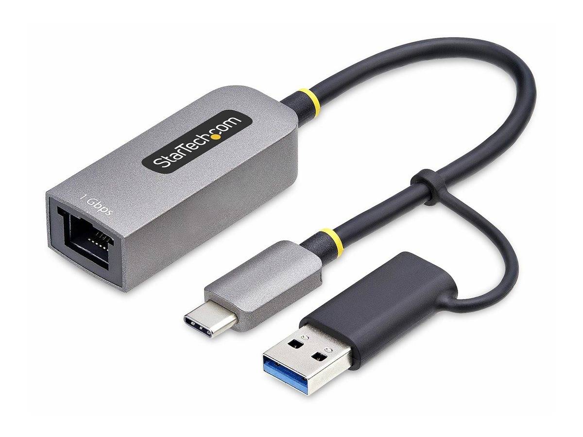 Ein USB-C zu Ethernet-Adapter mit USB-A-Anschluss, der von 'StarTech.com' hergestellt wird, zum Anschluss von Geräten an das Internet über ein Ethernet-Kabel.