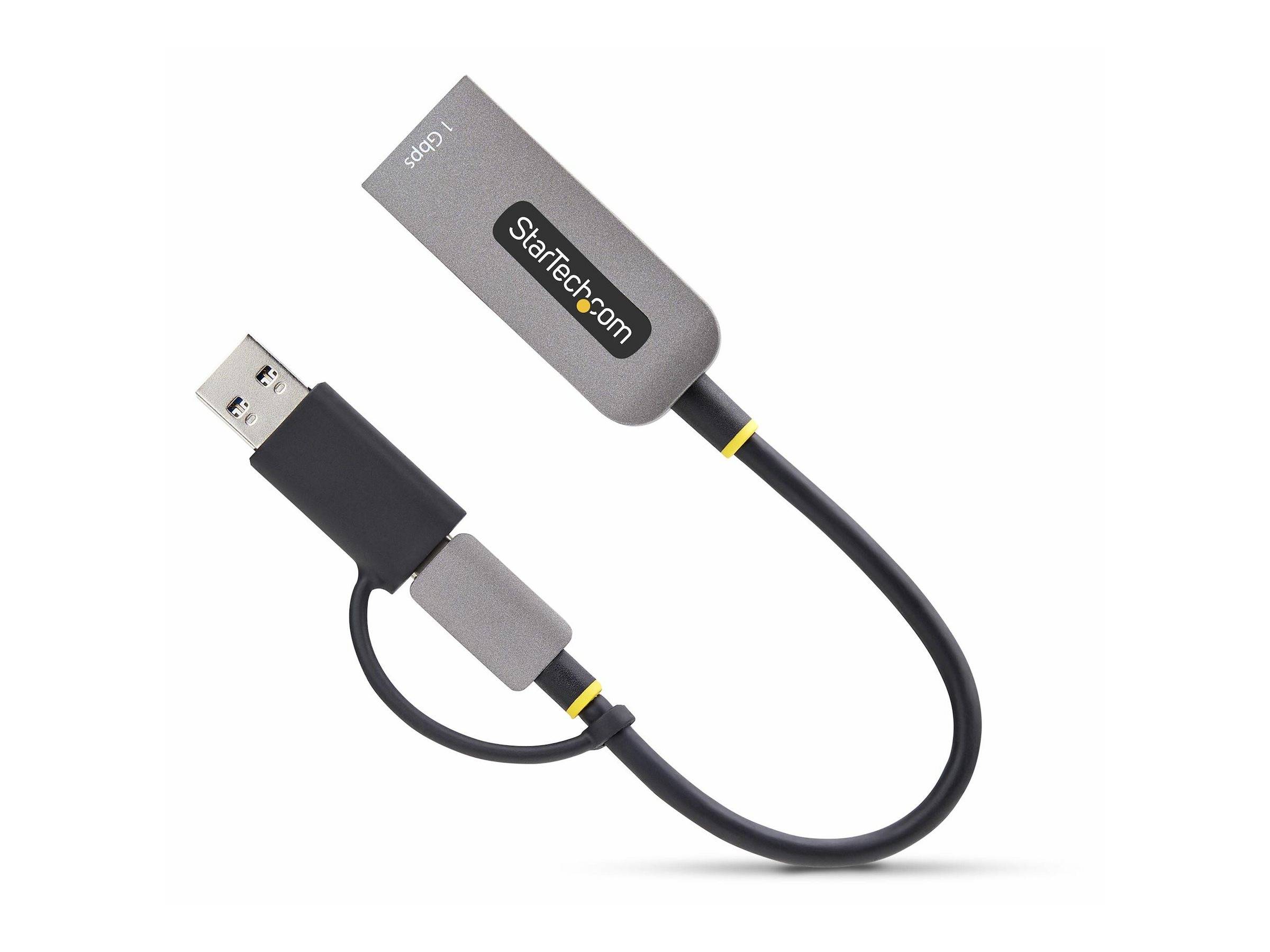 USB zu Ethernet Adapter von StarTech.com mit grau-schwarzem Design, ausgestattet mit einem USB-Anschluss auf der einen und einem Ethernet-Port auf der anderen Seite, mit der Bezeichnung 'Gbps'.