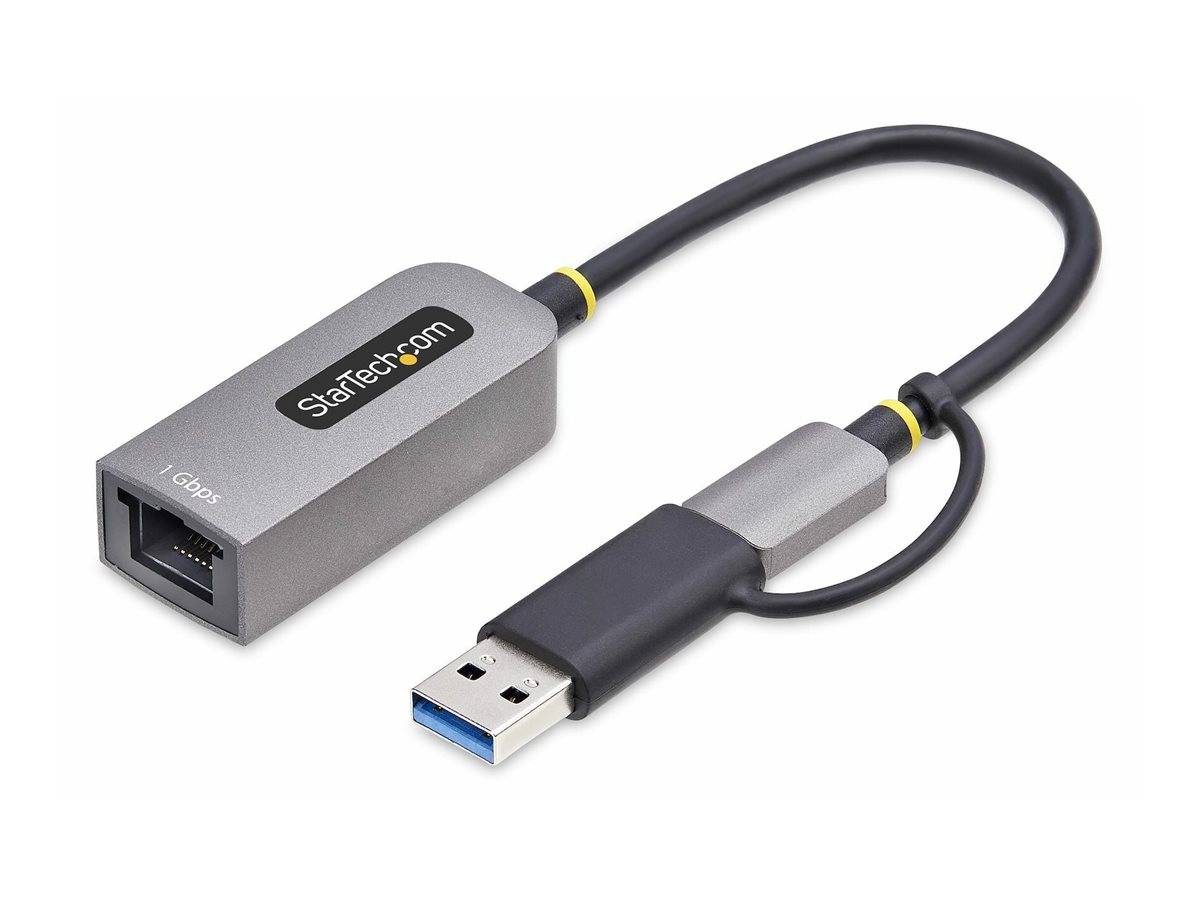 Ein StarTech.com USB-zu-Ethernet-Adapter mit grauem Gehäuse und blauem USB-Anschluss, gekennzeichnet mit '1 Gbps' für Gigabit-Geschwindigkeitsunterstützung.