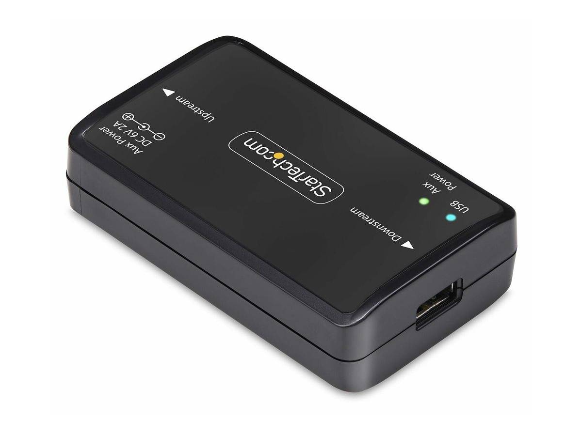 Schwarzes externes Gerät mit Markenname und USB-, LAN-Anschlüssen. Die grüne Power-LED leuchtet und zeigt, dass es angeschlossen und betriebsbereit ist.