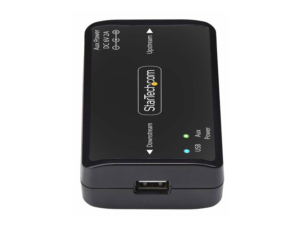 USB-Isolator-Gerät der Marke 'State Tech' mit Anschlüssen, die als 'Downstream' und 'Upstream' gekennzeichnet sind; zusätzliche Stromeinspeisung mit DC 5V 2A notiert, mit Kontrollleuchten.