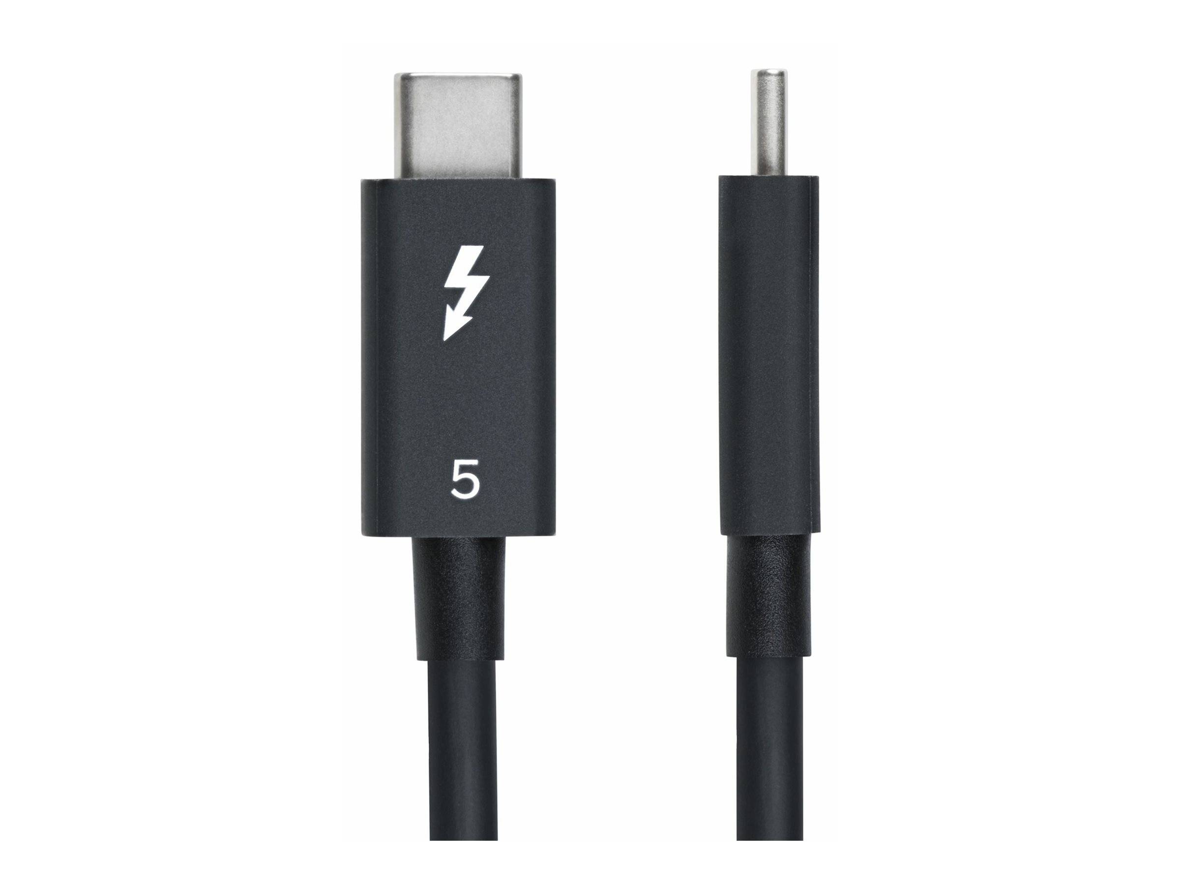 Zwei USB-C-Kabel: eines mit einem Blitzsymbol und der Zahl '5', was auf eine Thunderbolt-5-Kompatibilität hinweist.