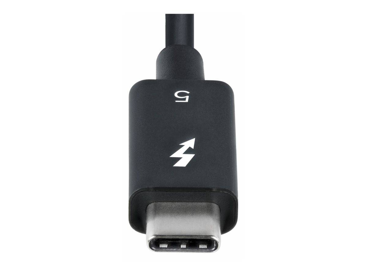 Eine Nahaufnahme eines schwarzen USB-C-Thunderbolt-Kabels mit dem Thunderbolt-Symbol auf dem Anschluss.