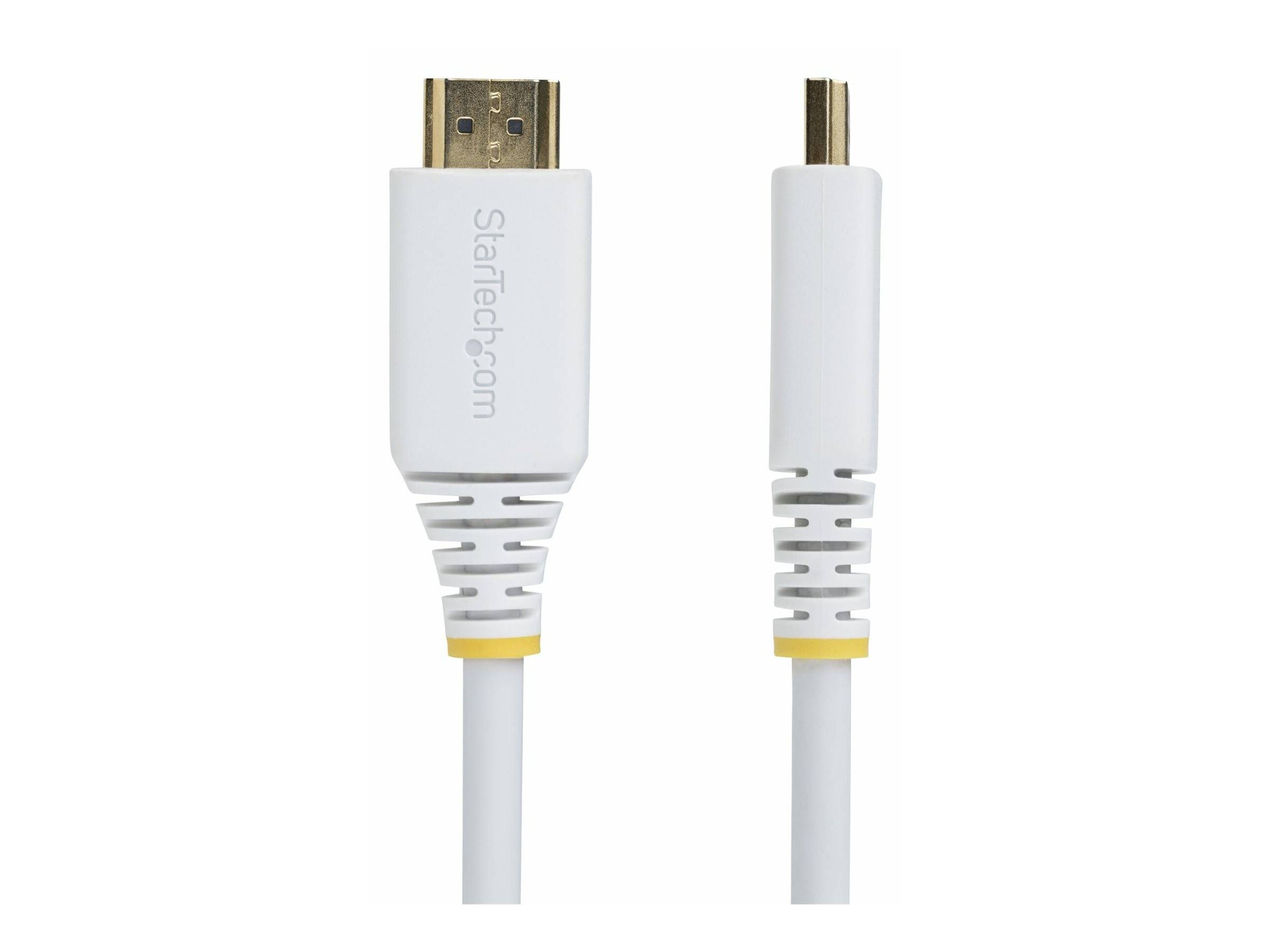 HDMI zu Mini-HDMI-Kabel mit weißen Anschlüssen und gelben Akzenten, verwendet zum Verbinden von Geräten mit kompatiblen Anschlüssen für Video und Audio.