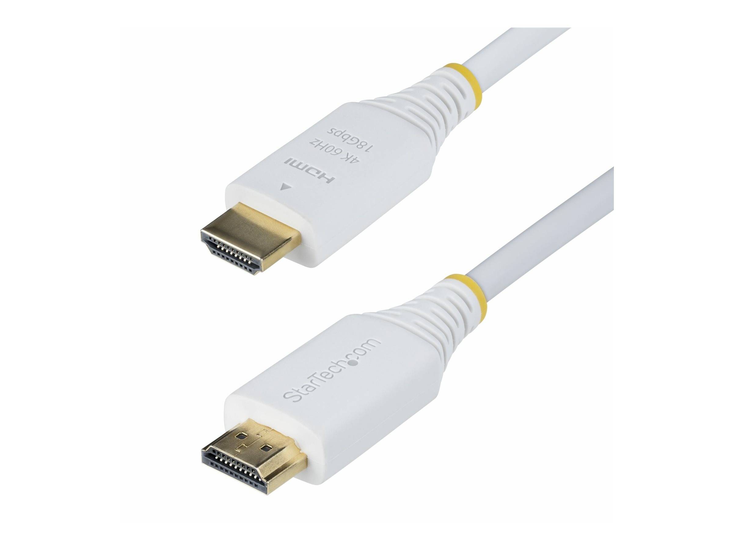 Weißes HDMI-Kabel mit Goldanschlüssen, geeignet für 4K/60Hz Videosignalübertragung. Ideal für hochauflösende Video- und Audioübertragung.