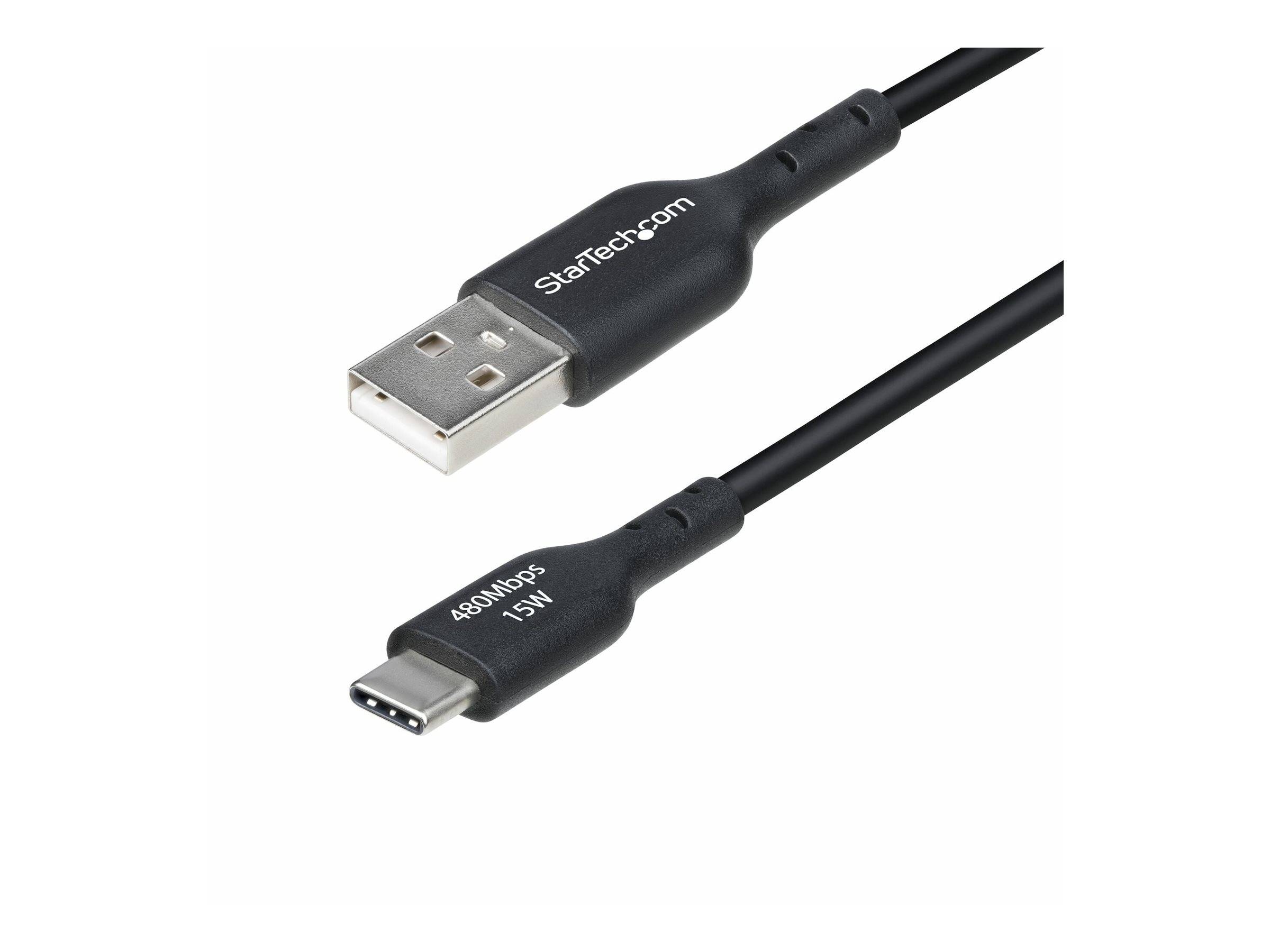 Zwei StarTech.com-Kabel: eines mit USB-A und eines mit USB-C, gekennzeichnet mit '480Mbps' und '1,5M', die die Datenübertragungsgeschwindigkeit und die Kabellänge angeben.
