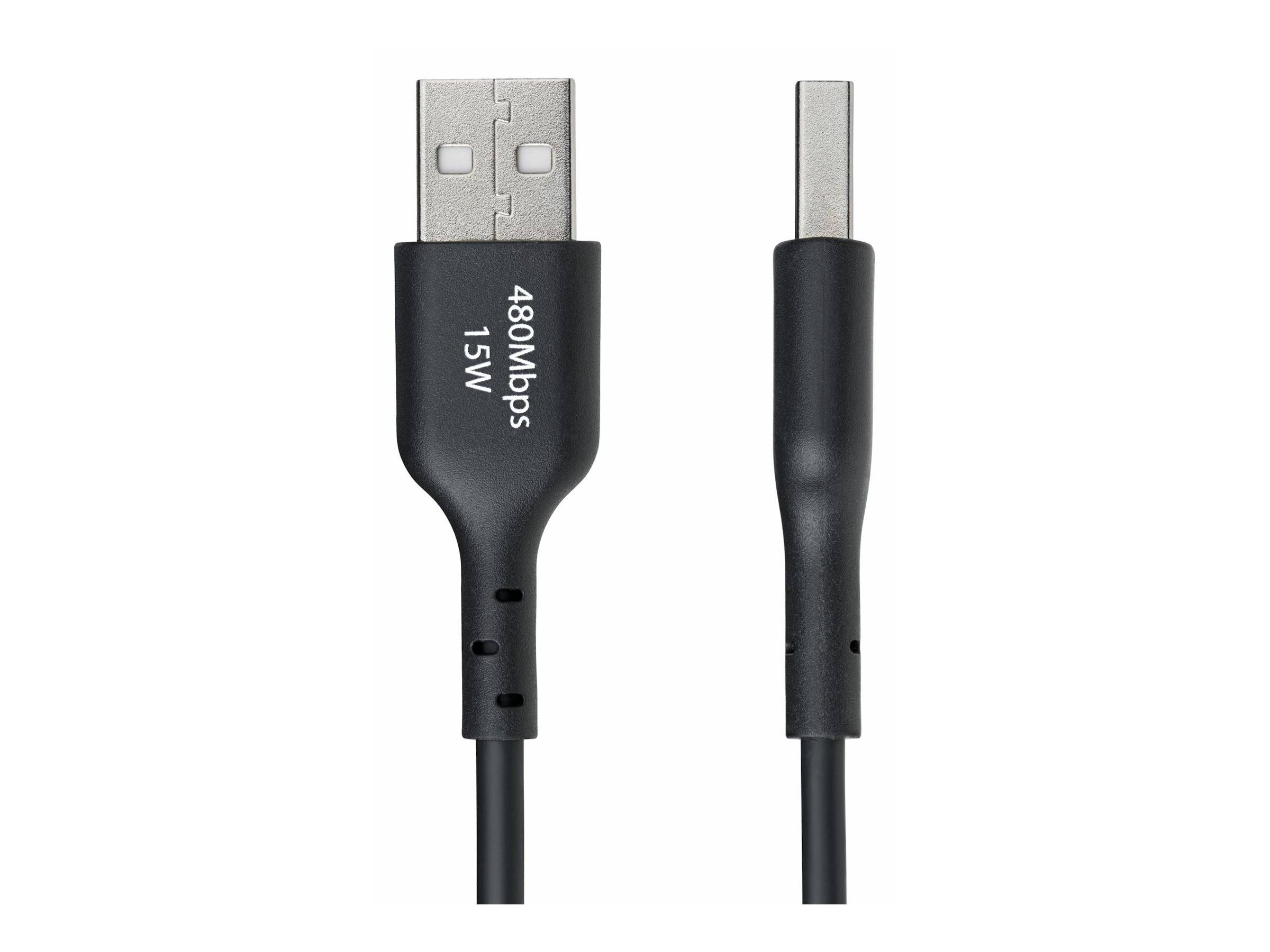 Schwarzes USB-Kabel mit einem Standard-USB-A-Anschluss, der an einem Ende mit „480Mbps 15W