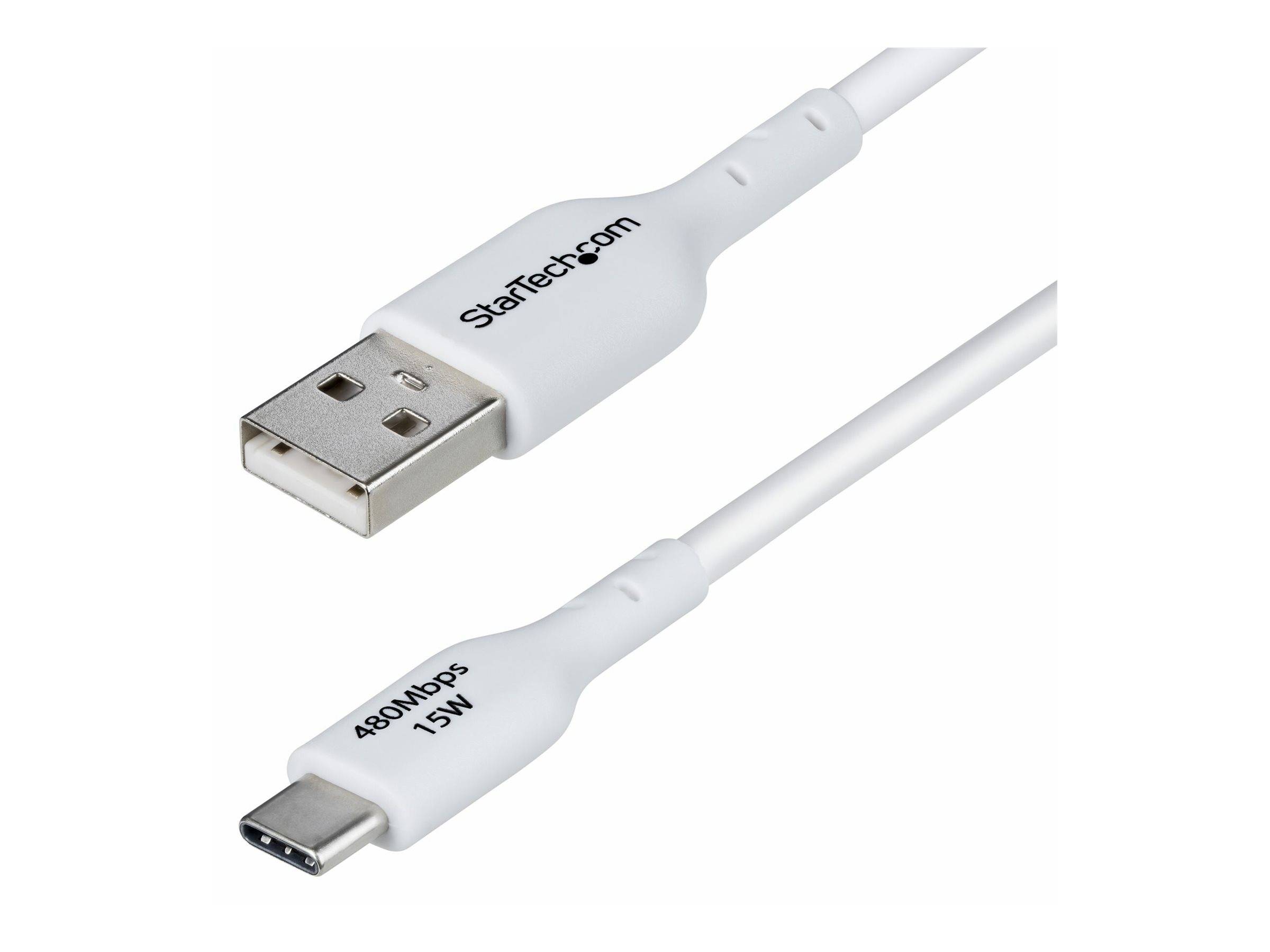 Ein weißes USB-Kabel mit einem USB-A-Stecker auf der einen Seite und einem USB-C-Stecker auf der anderen Seite. Text auf dem Kabel lautet „480Mbps 15W