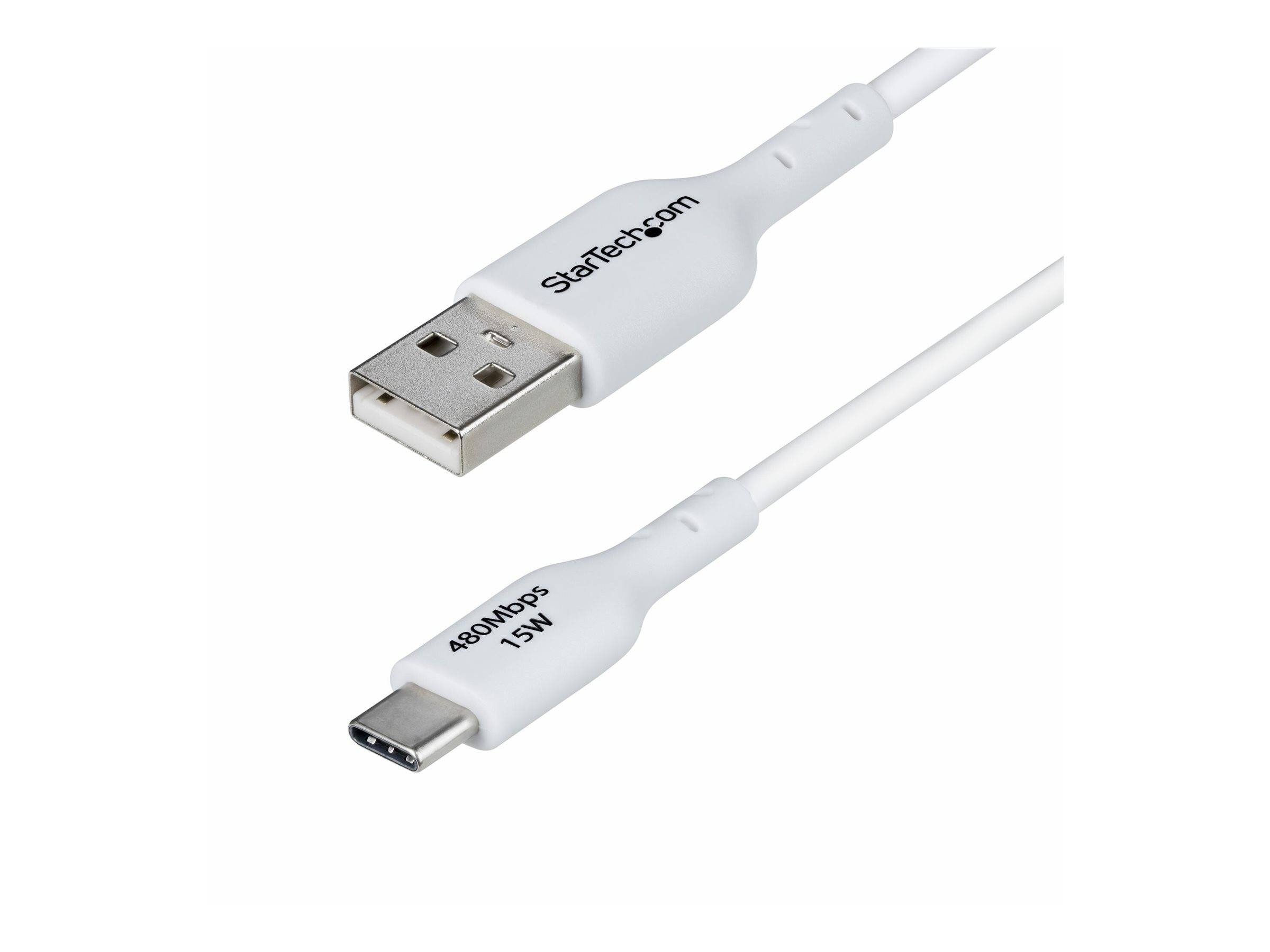 Weißes USB-A-zu-USB-C-Ladekabel mit StarTech.com-Branding, dargestellt auf weißem Hintergrund.