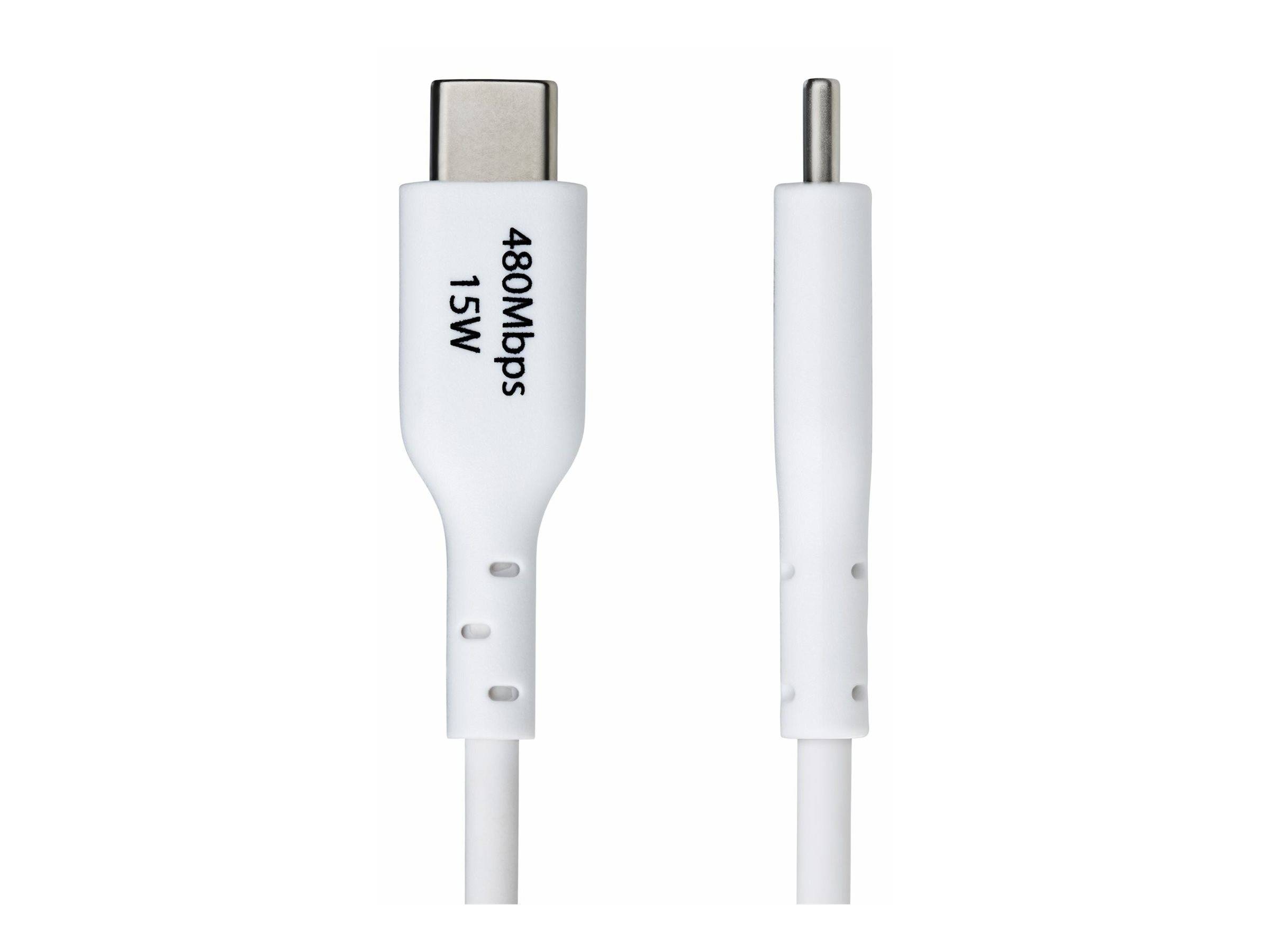 Weißes USB-C-Kabel mit Vorder- und Seitenansicht, beschriftet mit „480Mbps 15W