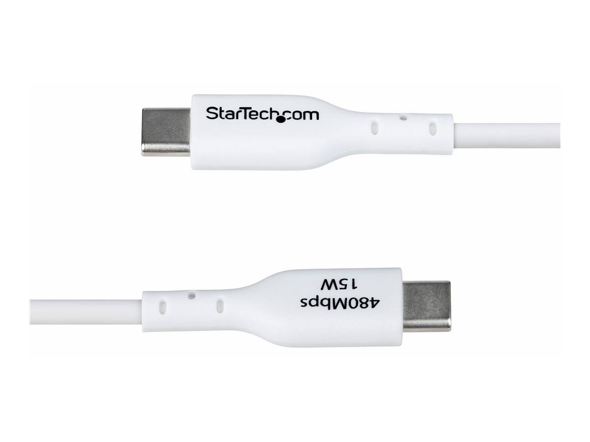 Nebeneinander angeordnete Ansichten eines weißen StarTech.com USB-C-Kabelsteckers, die beide Enden zeigen, wobei einer mit „480Mbps 1,5W