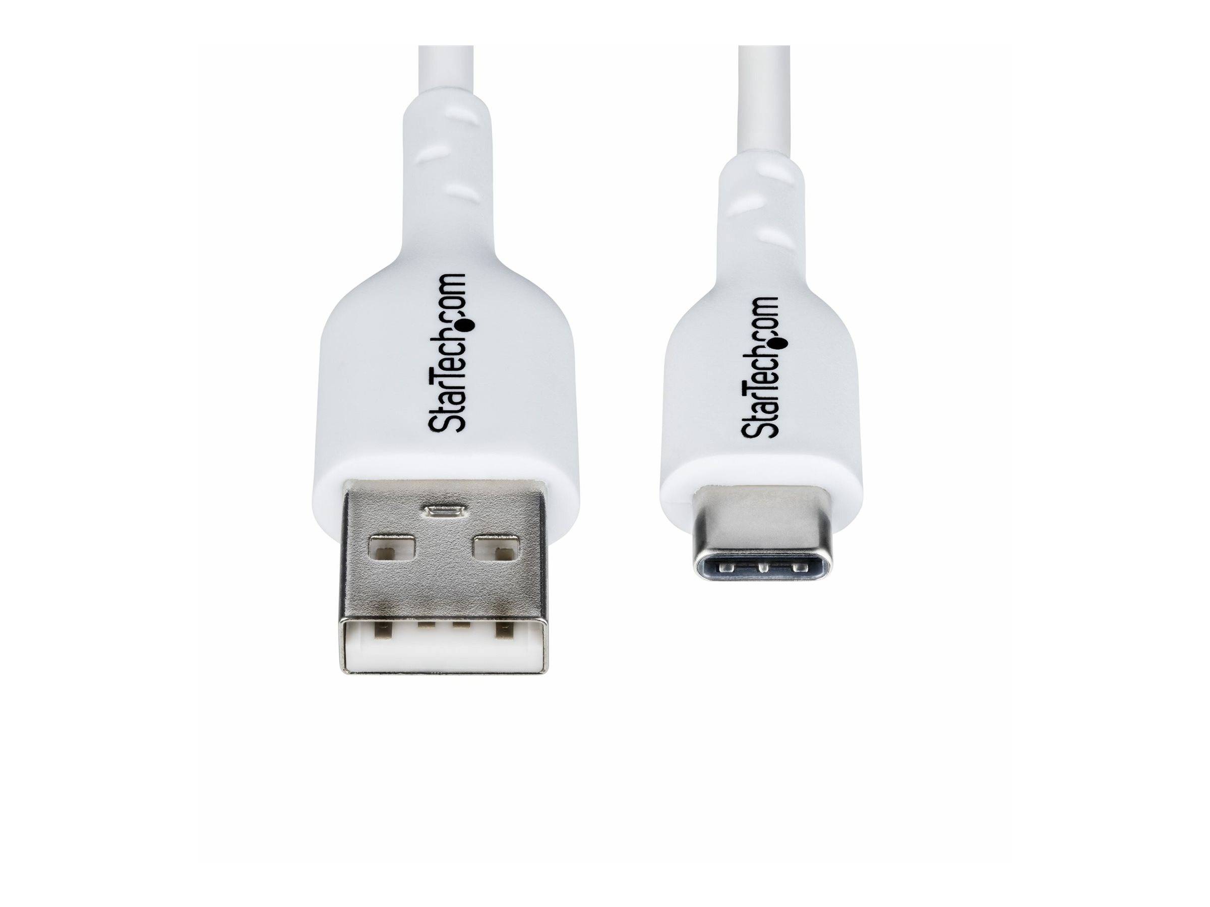 Weiße StarTech.com USB-A zu USB-C Kabelverbinder in Vorderansicht auf weißem Hintergrund, mit männlichem USB-A-Stecker und USB-C-Stecker nebeneinander.