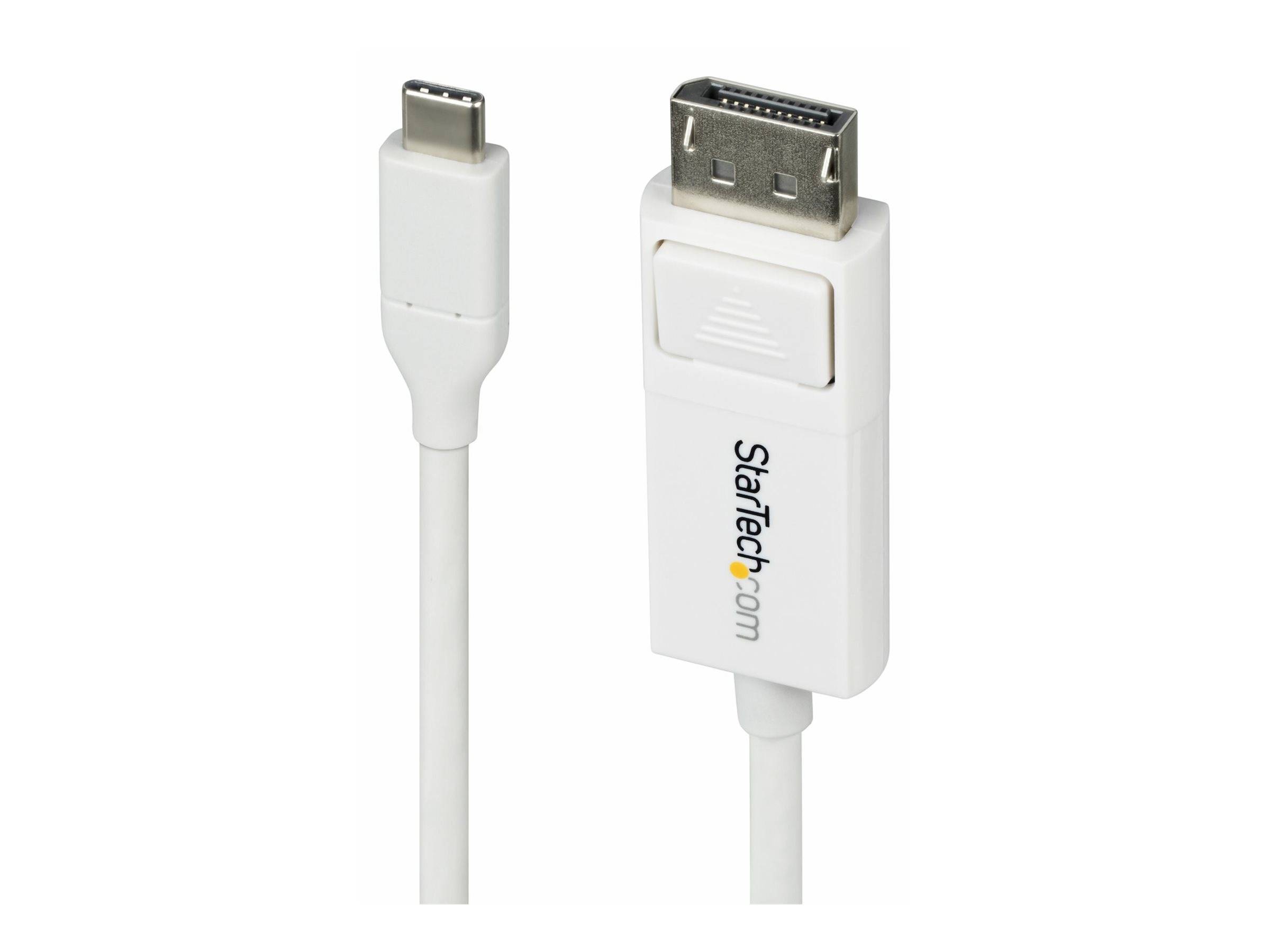 StarTech.com' USB-C auf DisplayPort Kabel, weiße Farbe, mit USB-C-Anschluss an einem Ende und DisplayPort-Anschluss am anderen Ende.