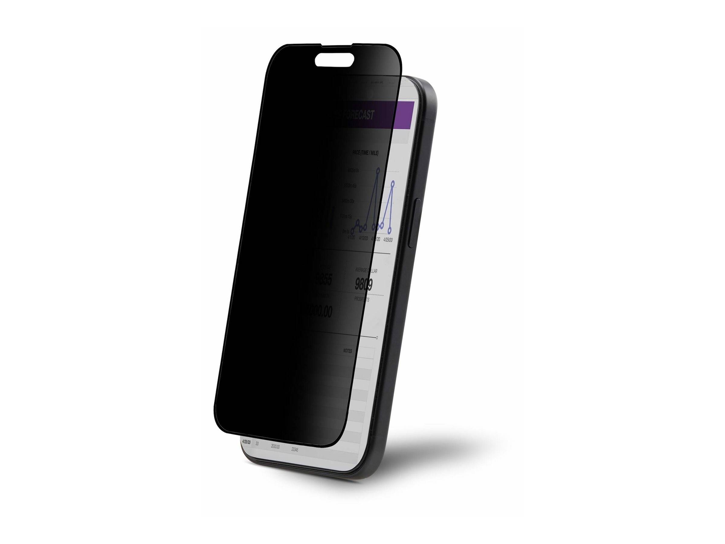 Ein Smartphone mit einem Sichtschutzfilter, der eine blasse Grafik und Zahlen zeigt und Datenschutz und Vertraulichkeit andeutet.