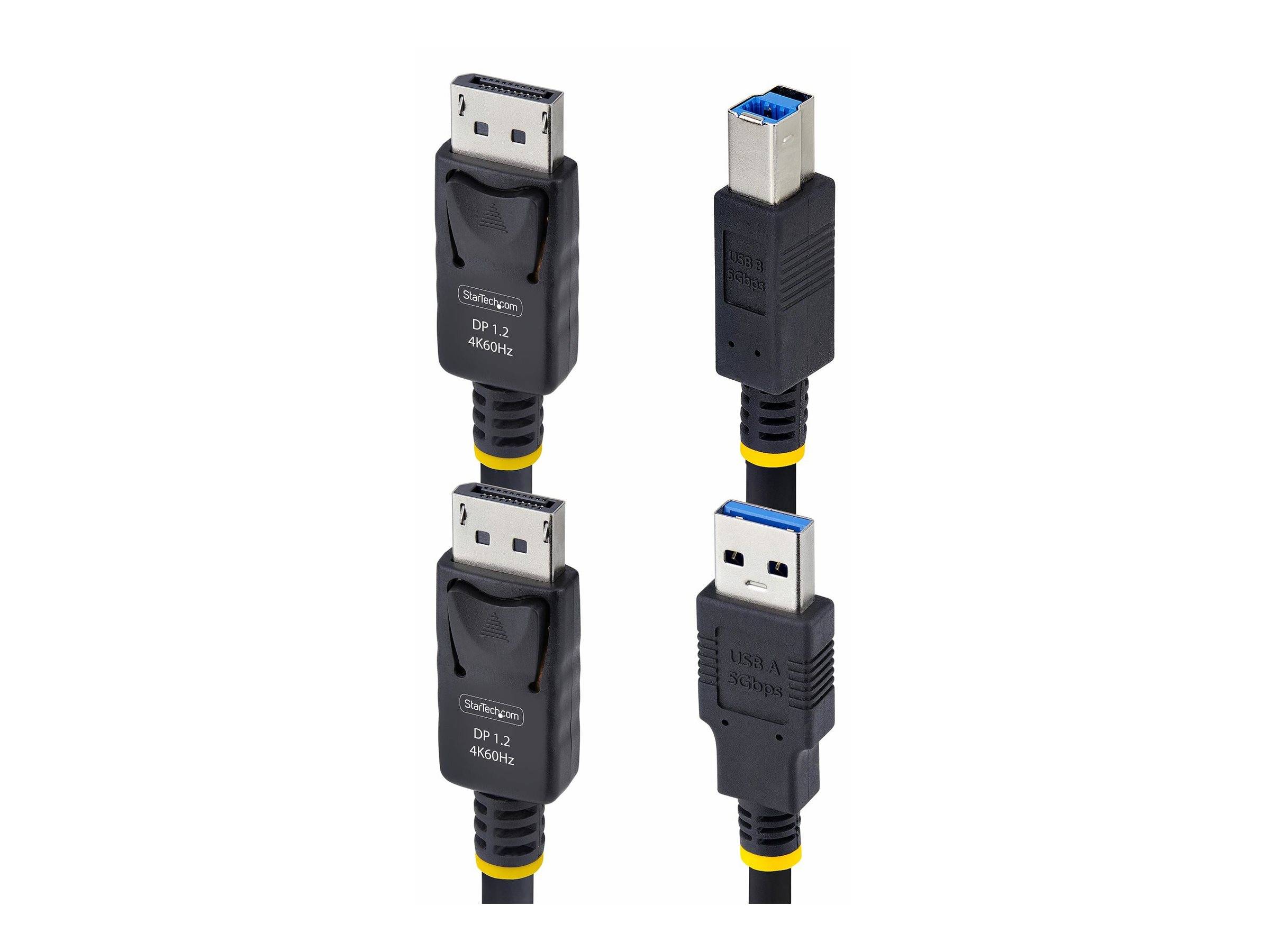 Zwei schwarze 4K-60-Hz-DisplayPort-Kabel links und zwei USB-3.0-Kabel rechts, jeweils mit charakteristischen blauen Anschlüssen.