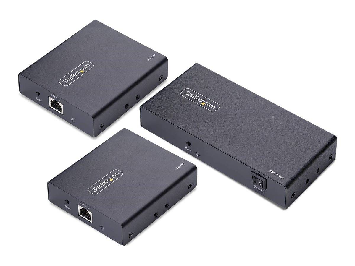 Drei schwarze elektronische Geräte mit der Bezeichnung 'StarTech.com'; zwei sind quadratisch mit Netzwerkanschlüssen, eines ist rechteckig mit zusätzlichen Tasten.