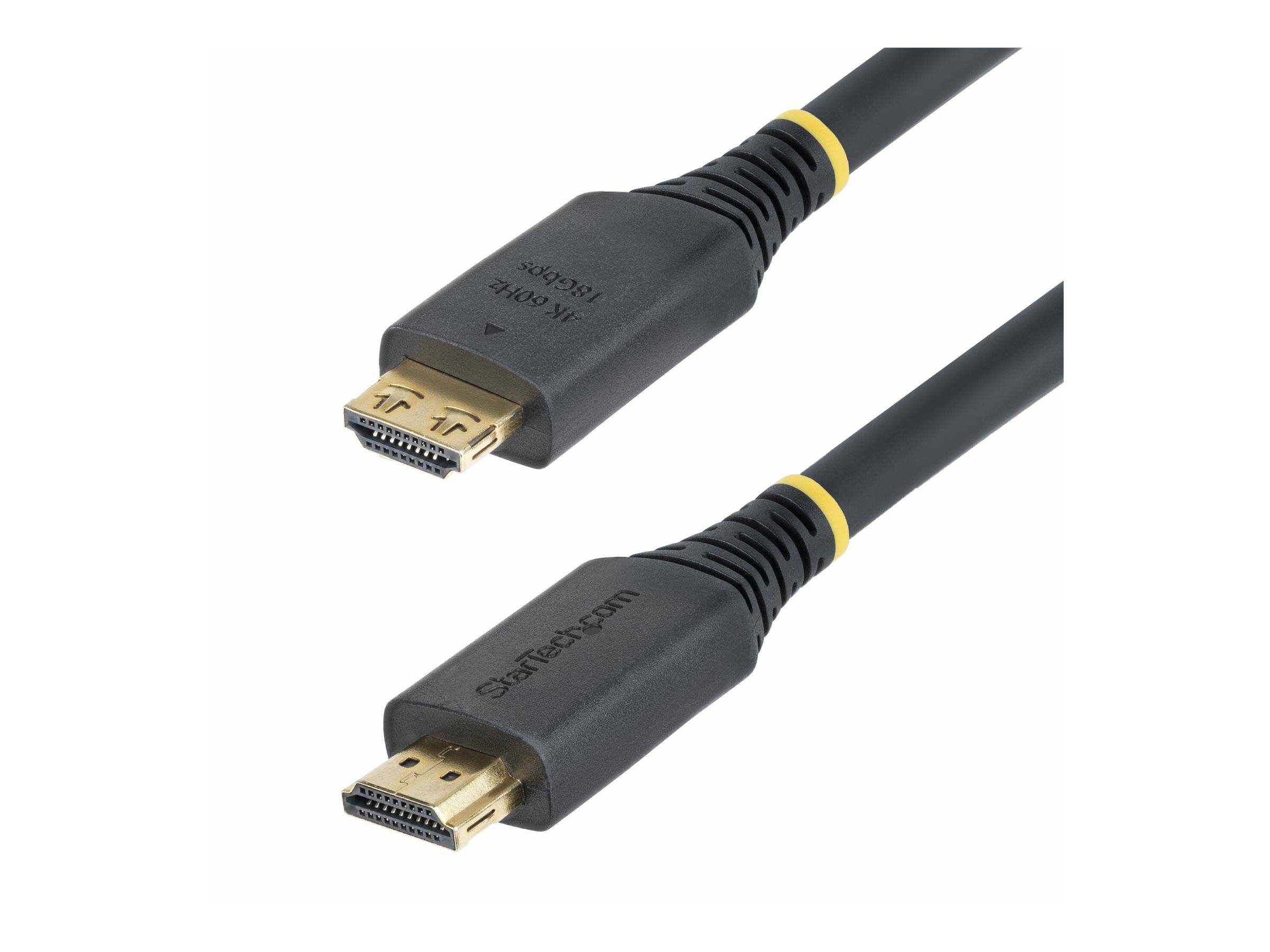 Zwei HDMI-Kabel, gekennzeichnet mit ‚StarTech.com', mit männlichen Anschlüssen, entwickelt für hochauflösende Video- und Audioübertragung.