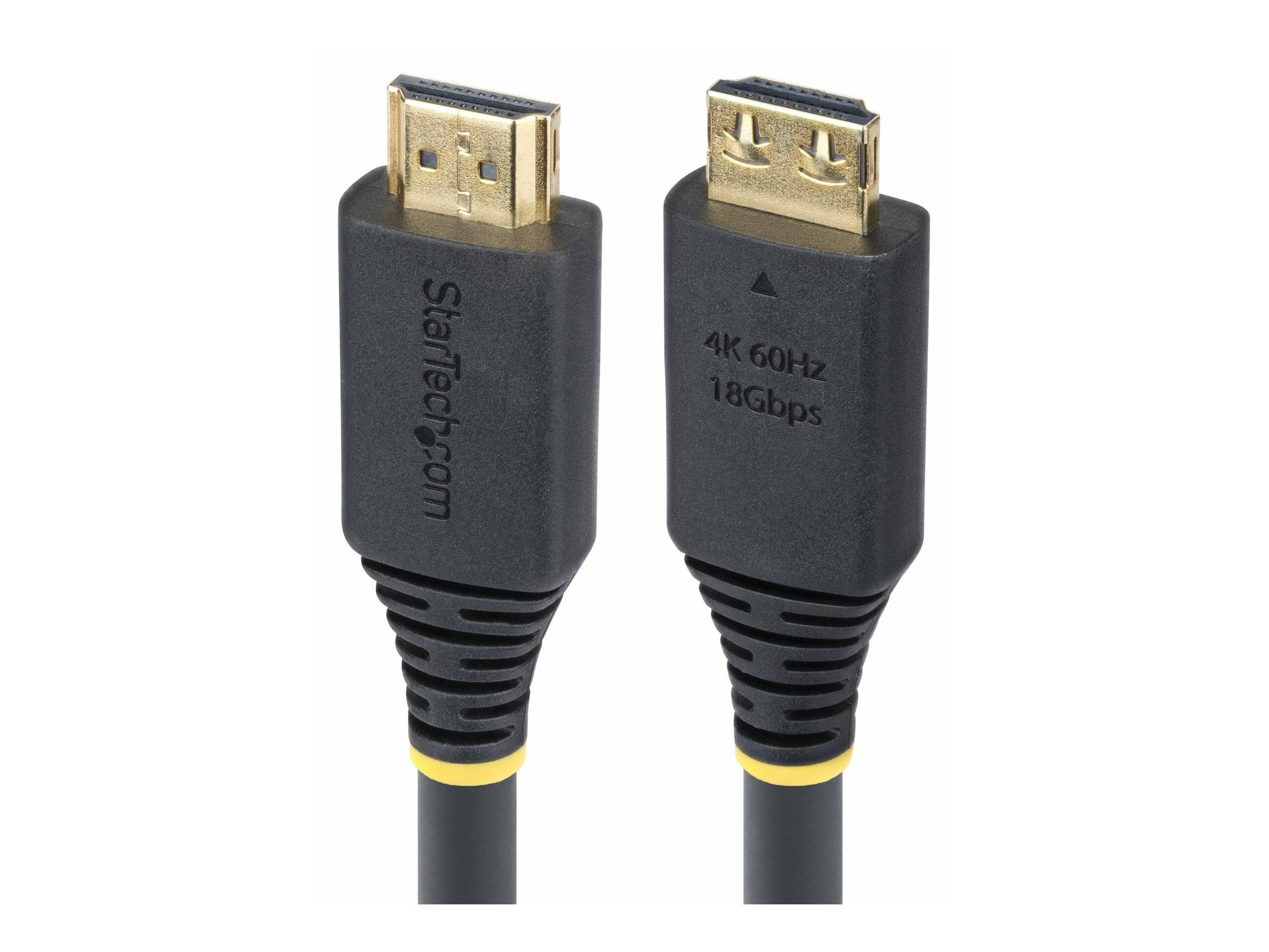 Zwei HDMI-Kabel mit vergoldeten Anschlüssen, beschriftet mit ‚StarTech.com' und ‚4K 60Hz 18Gbps', die eine hochgeschwindigkeitsfähige Übertragung anzeigen.