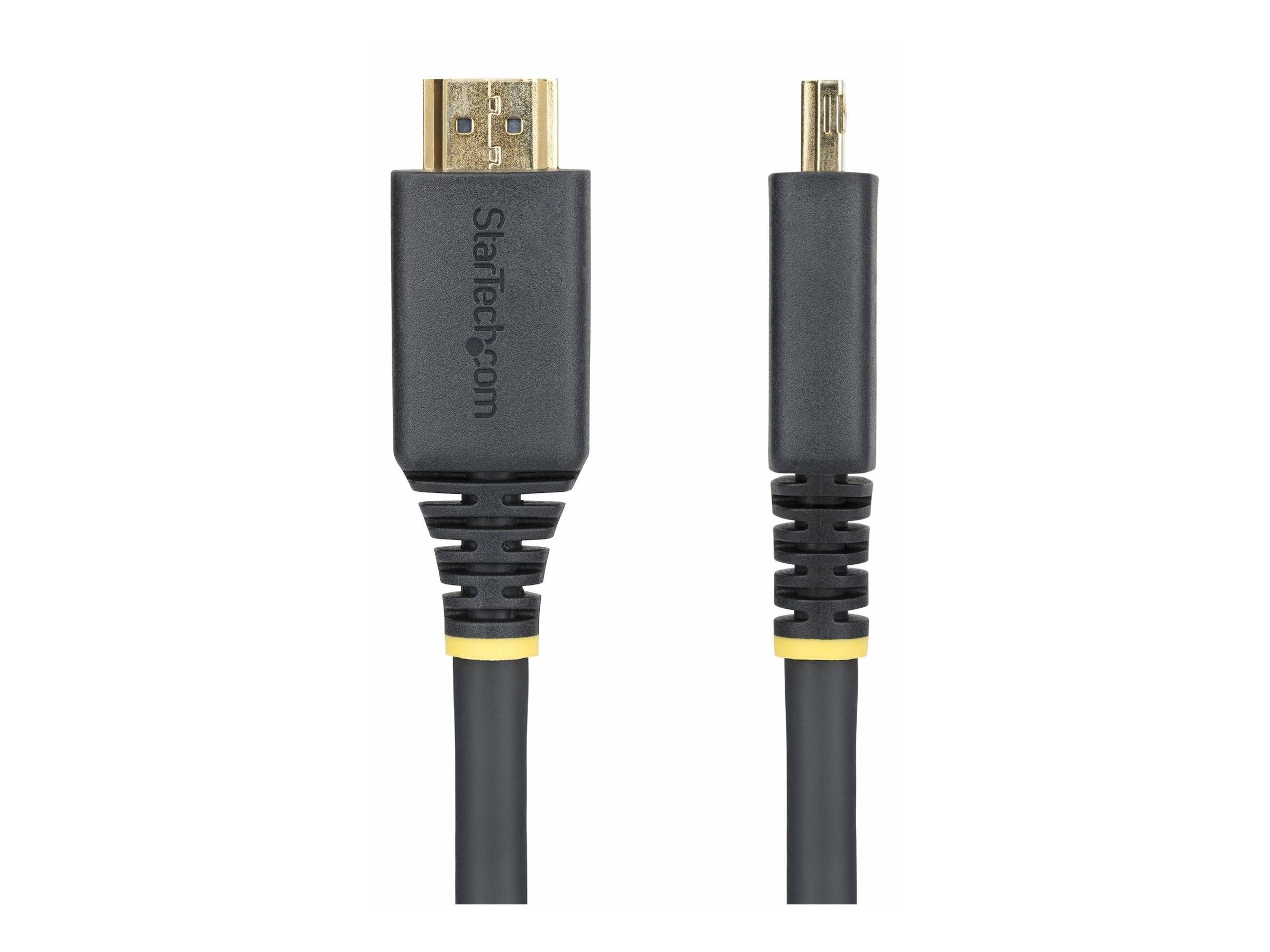 Ein schwarzes Kabel mit zwei Anschlüssen: einem HDMI links und einem Mini-HDMI rechts, verwendet zum Verbinden elektronischer Geräte.