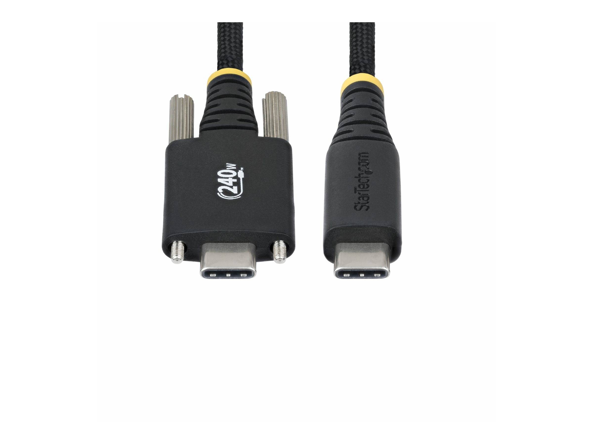Ein Paar USB-C-Kabel, eines mit einer 240W-Kennzeichnung, die eine hohe Leistungskapazität anzeigt, und eines von der Marke StarTech, beide mit geflochtenen Ummantelungen.