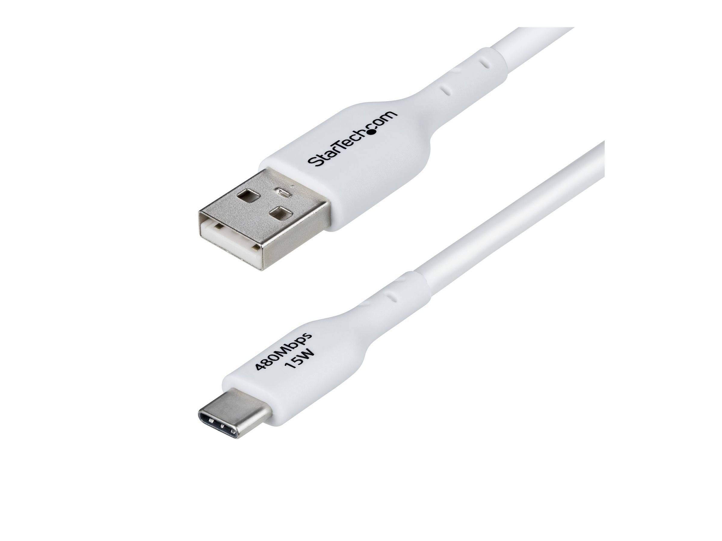 Zwei weiße Kabel: ein USB Typ-A und ein USB Typ-C. Text zeigt 'StarTech.com' und '480Mbps 15W.' Verwendet für Datenübertragung und Laden.