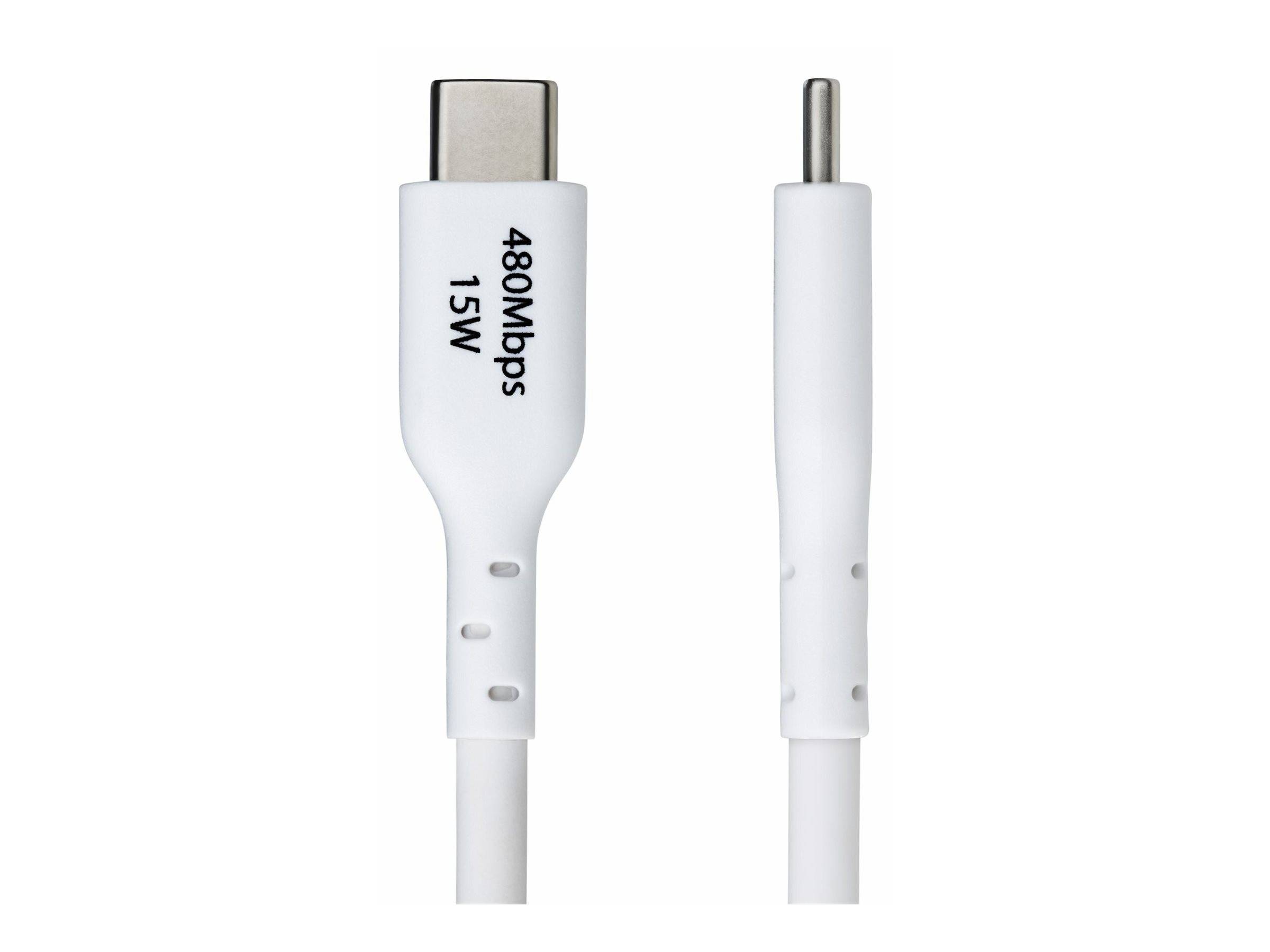Zwei weiße USB-Kabel, eines mit einem USB-C-Anschluss mit der Bezeichnung 