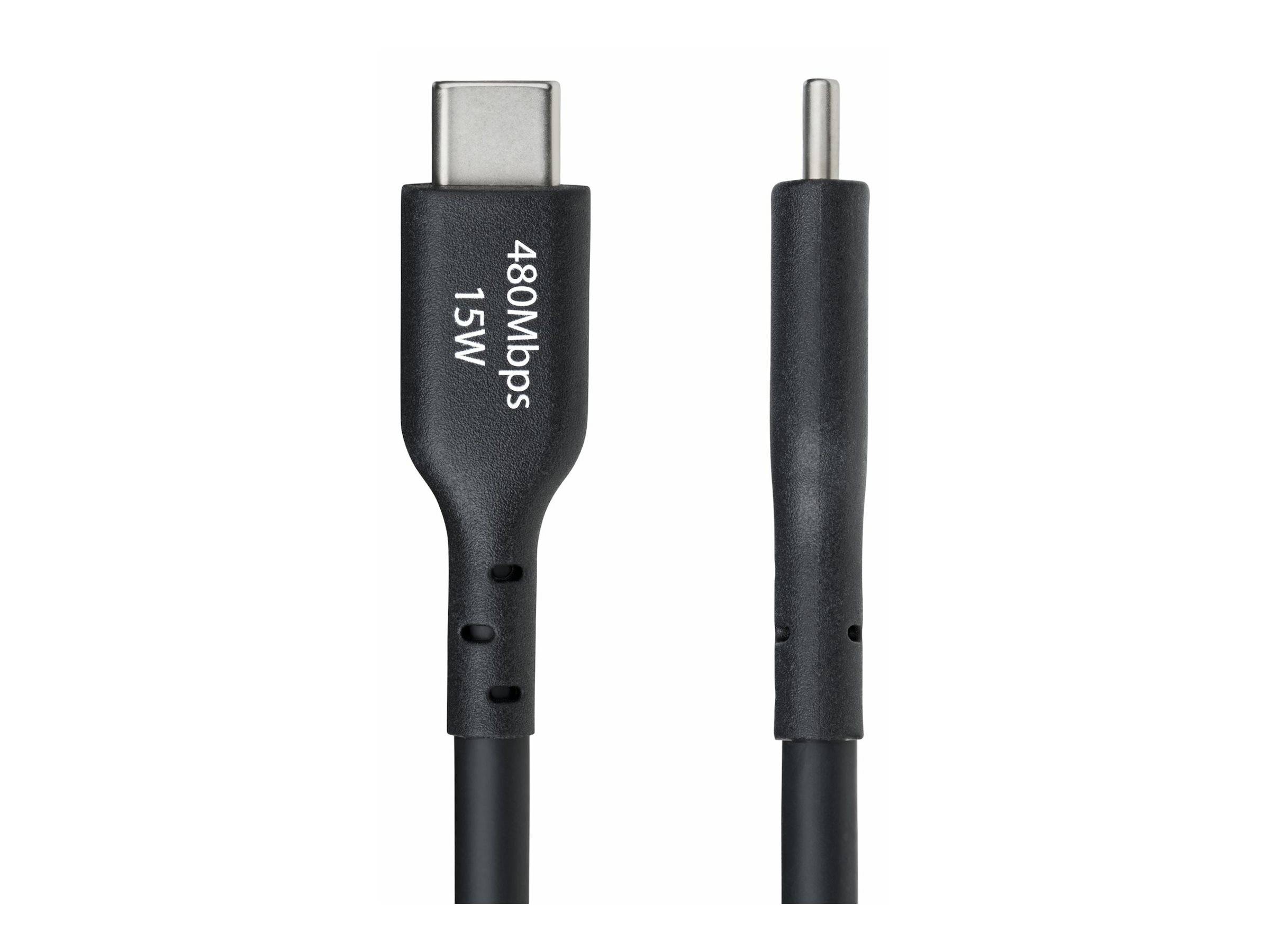 Ein schwarzes USB-C-Kabel zeigt Text: '480 Mbit/s, 15 W', der seine Datenübertragungsgeschwindigkeit und Leistungskapazität angibt.
