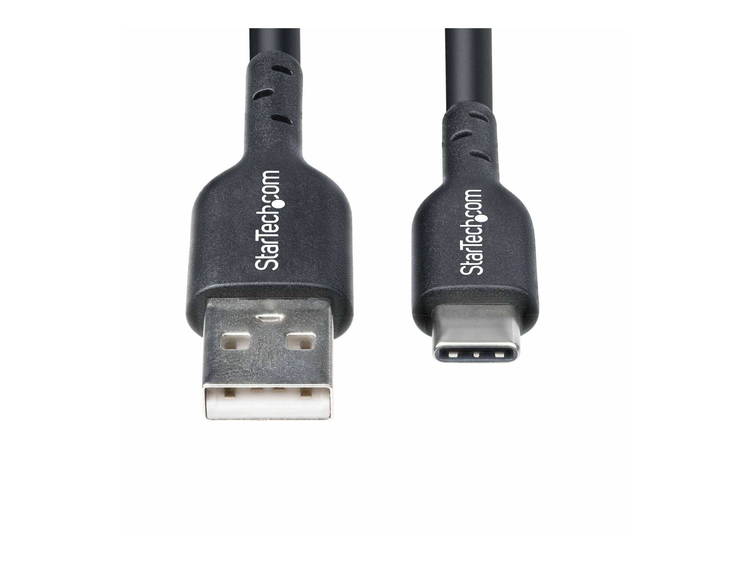 StarTech.com' USB auf USB-C Kabel, das die Steckerenden zeigt. Schwarzes Kabel, das entwickelt wurde, um elektronische Geräte zu verbinden; ein Ende USB, das andere Ende USB-C.