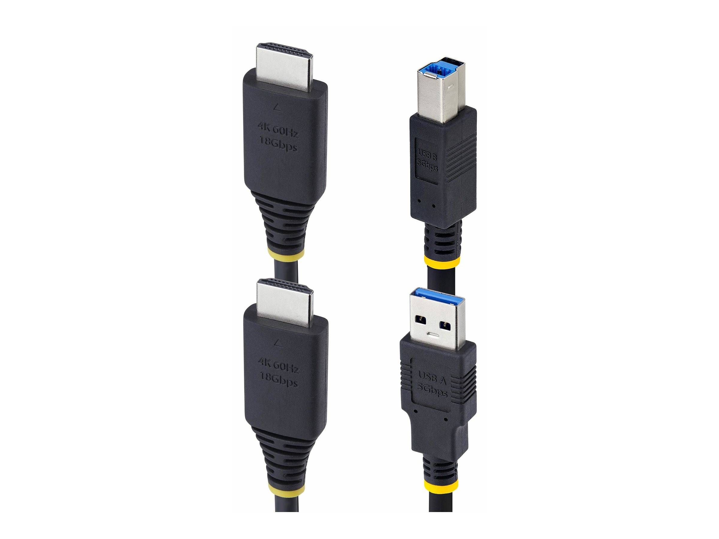 Zwei schwarze Kabel: eines mit HDMI-Anschlüssen, gekennzeichnet mit 4K 60Hz 18Gbps, das andere mit USB-3.0-Typ-A- und Typ-B-Anschlüssen, gekennzeichnet mit 5Gbps.