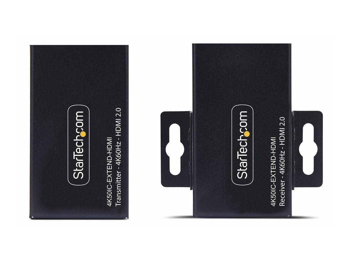 Zwei schwarze StarTech.com 4K60HZ HDMI 2.0 Geräte: Transmitter und Empfänger.