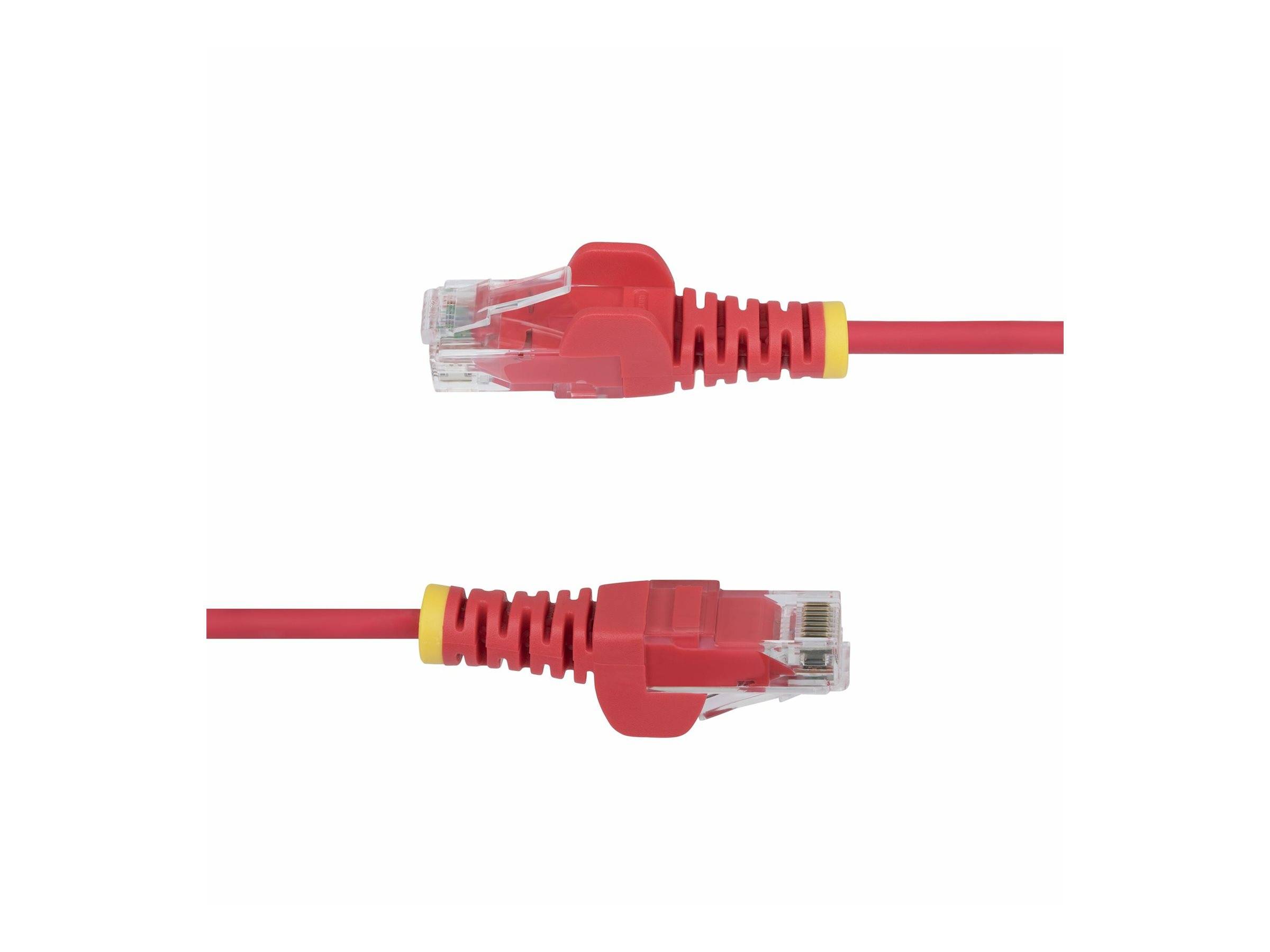 Zwei rote Ethernet-Kabel mit transparenten Steckern und gelben Bändern, horizontal auf einem weißen Hintergrund positioniert.