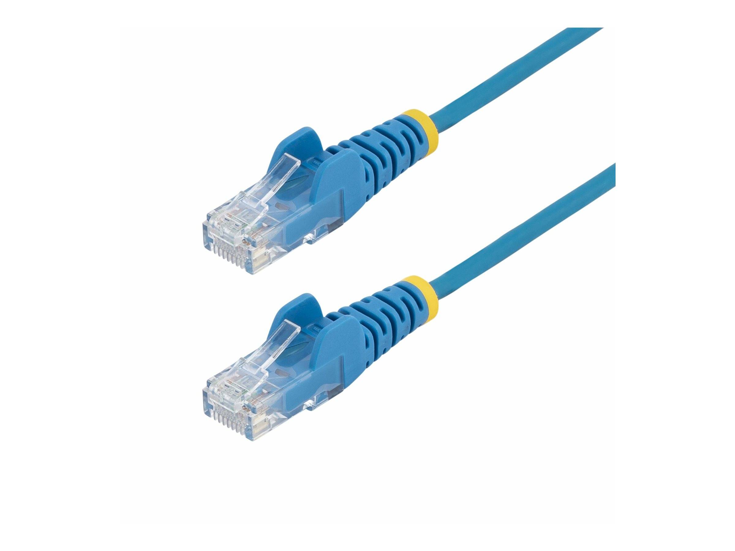 Ein blaues Ethernet-Kabel mit zwei RJ45-Steckern, verwendet für Netzwerkverbindungen.