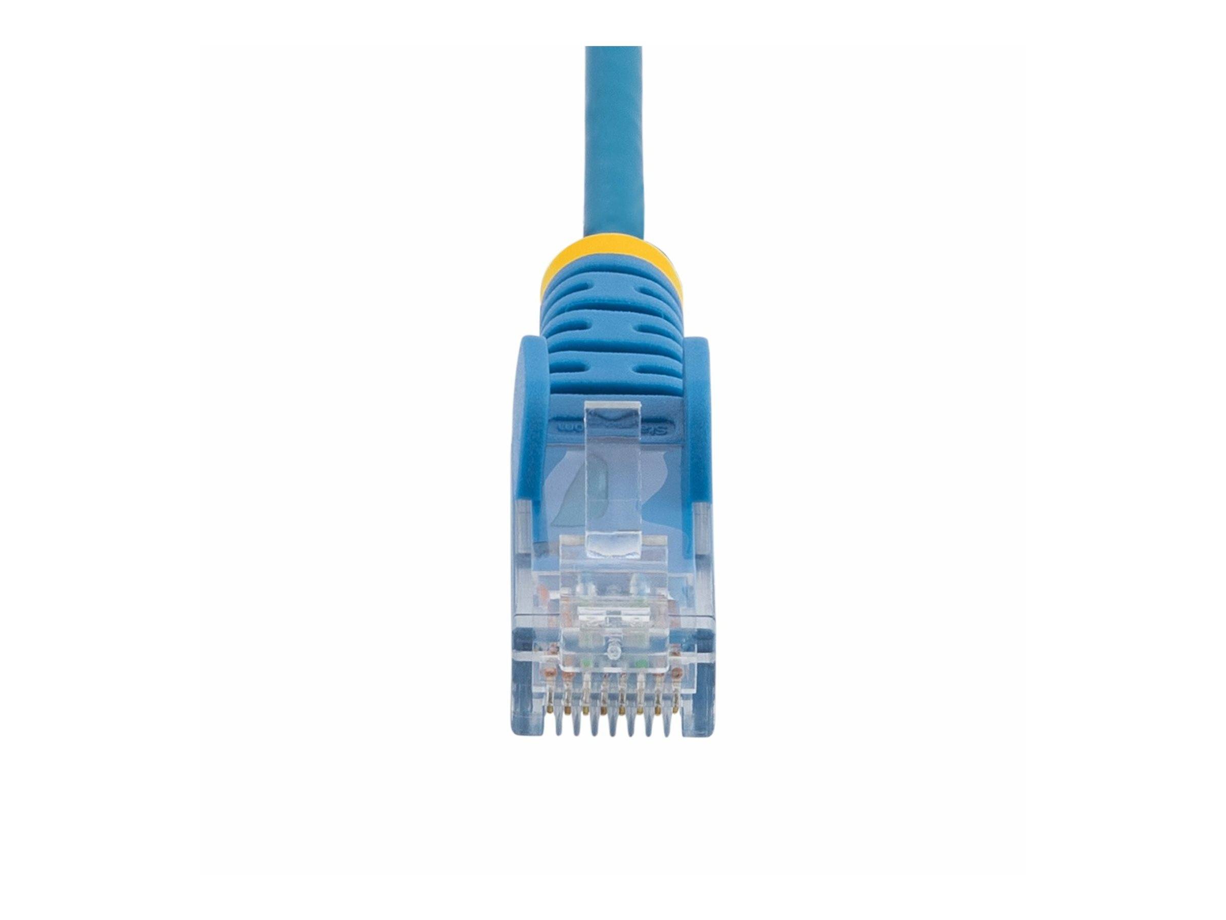 Ein blaues Ethernet-Kabel mit transparentem Stecker, verwendet für Netzwerkverbindungen.