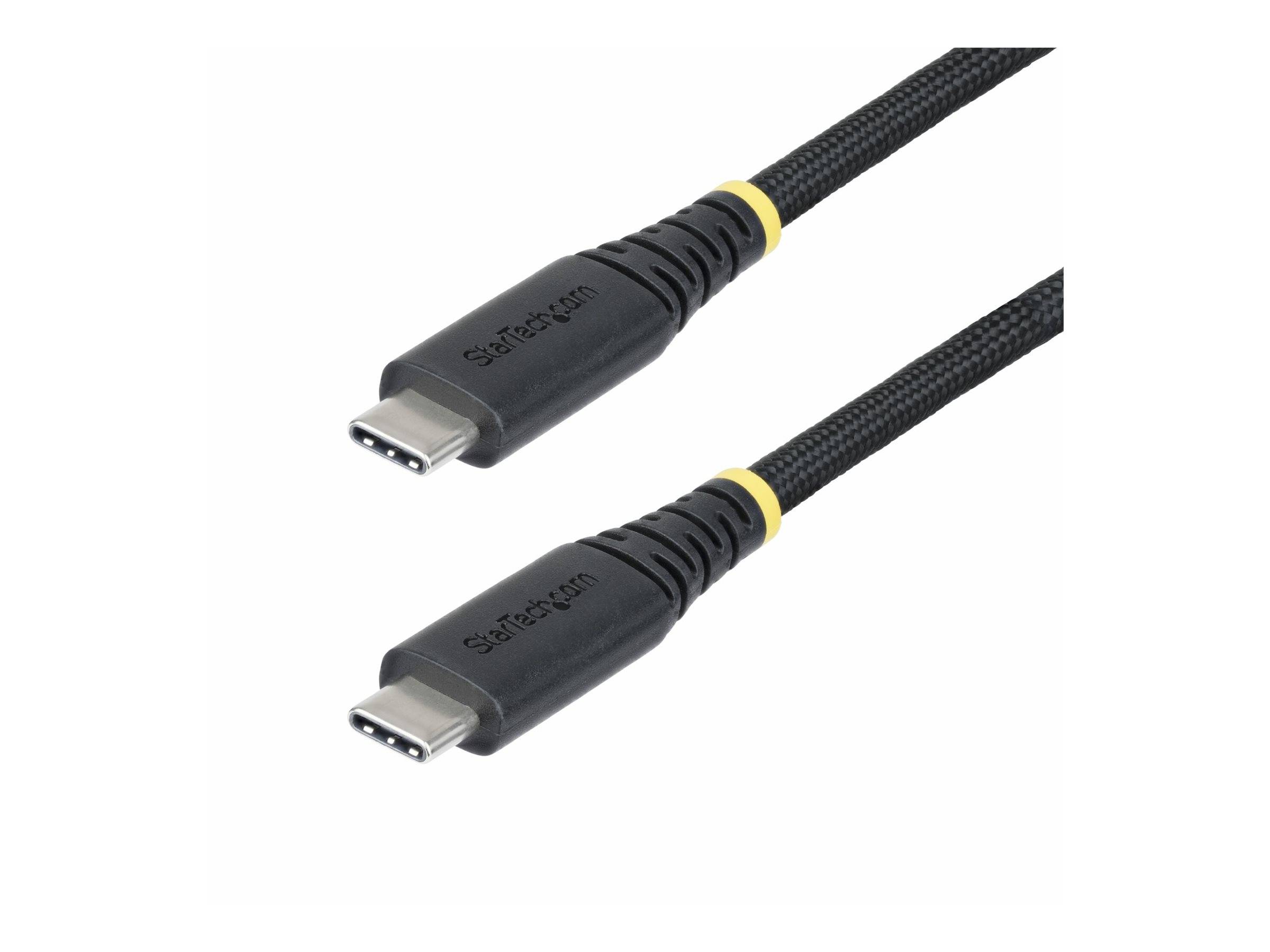 Zwei schwarze USB-C-Kabel mit gewebter Außenhülle und gelben Akzenten an den Anschlüssen. Der Markenname ist auf jedem Anschluss sichtbar.
