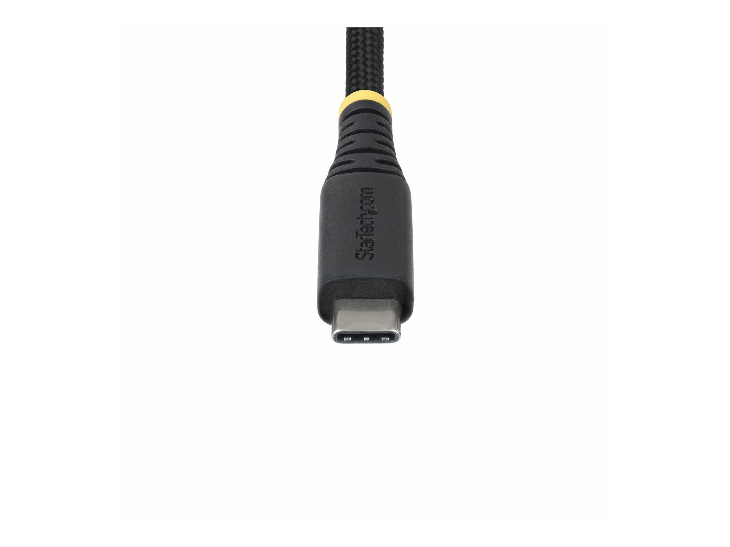Ein 'StarTech.com' USB-C-Kabel mit schwarzem geflochtenen Design und gelber Akzentuierung in der Nähe des Anschlusses, vor einem weißen Hintergrund abgebildet.