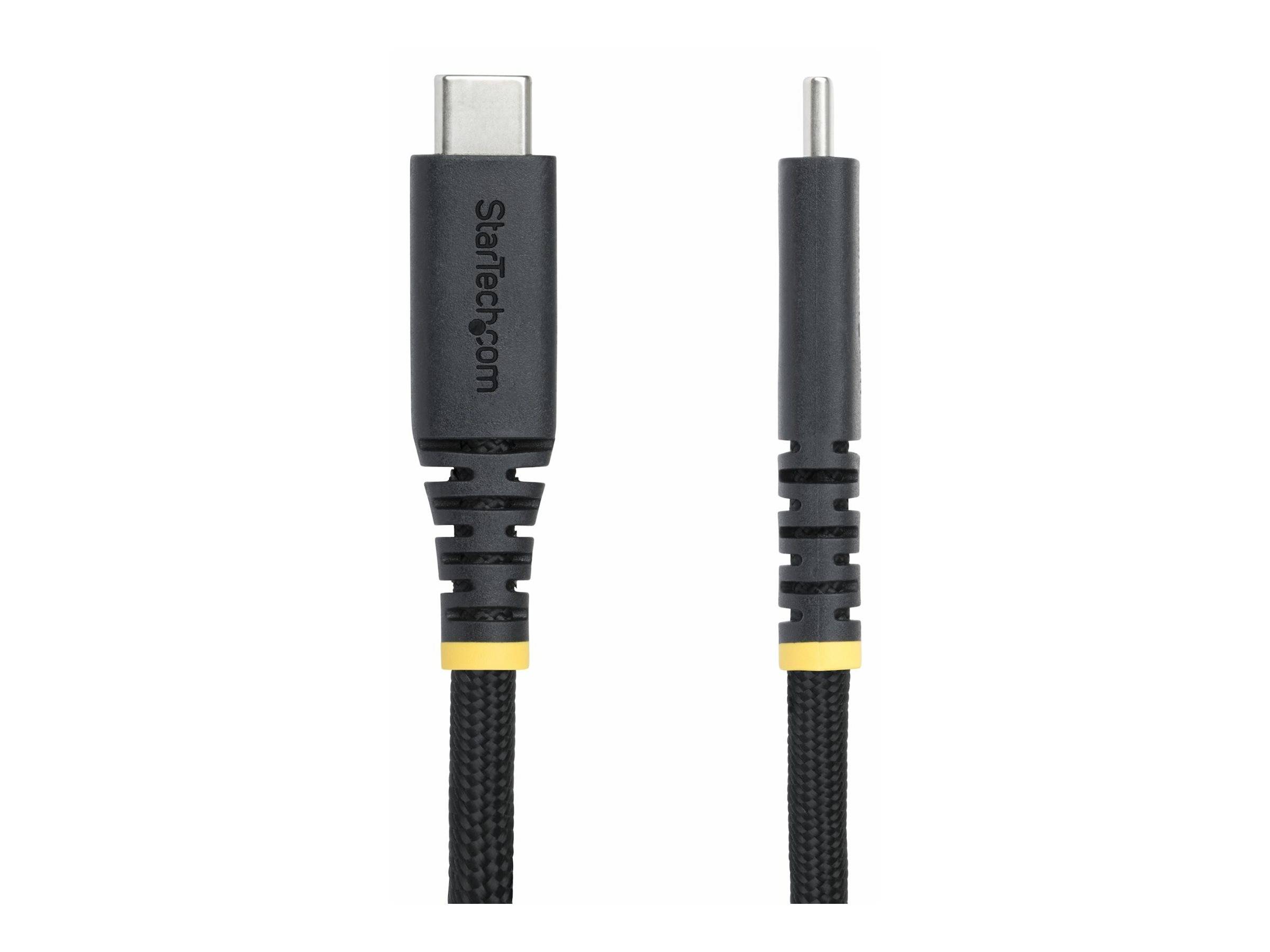 USB-C-Kabel mit schwarzer geflochtener Außenhülle und gelben Akzenten, mit beidseitig umkehrbaren Anschlüssen; geeignet zum Laden und Datentransfer.