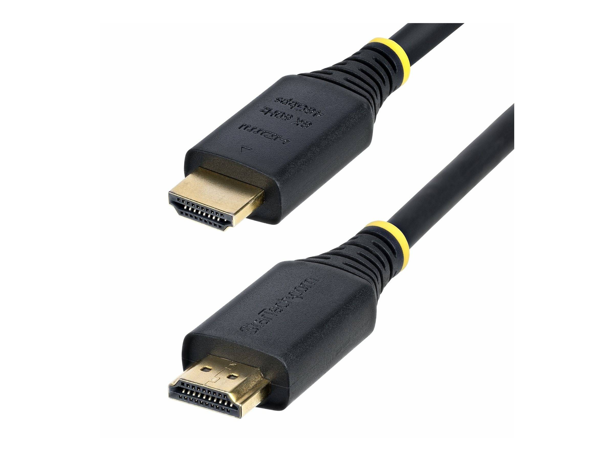Zwei schwarze HDMI-Kabel mit gelben Akzenten, die vergoldete Anschlüsse und schwarze isolierte Kabel zeigen.